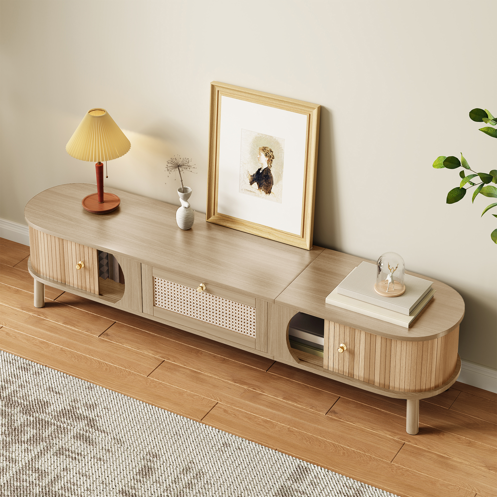 TV Cabinet TV Stand With Solid Natural Wood Doors And Rattan Drawers. Storage — image 2