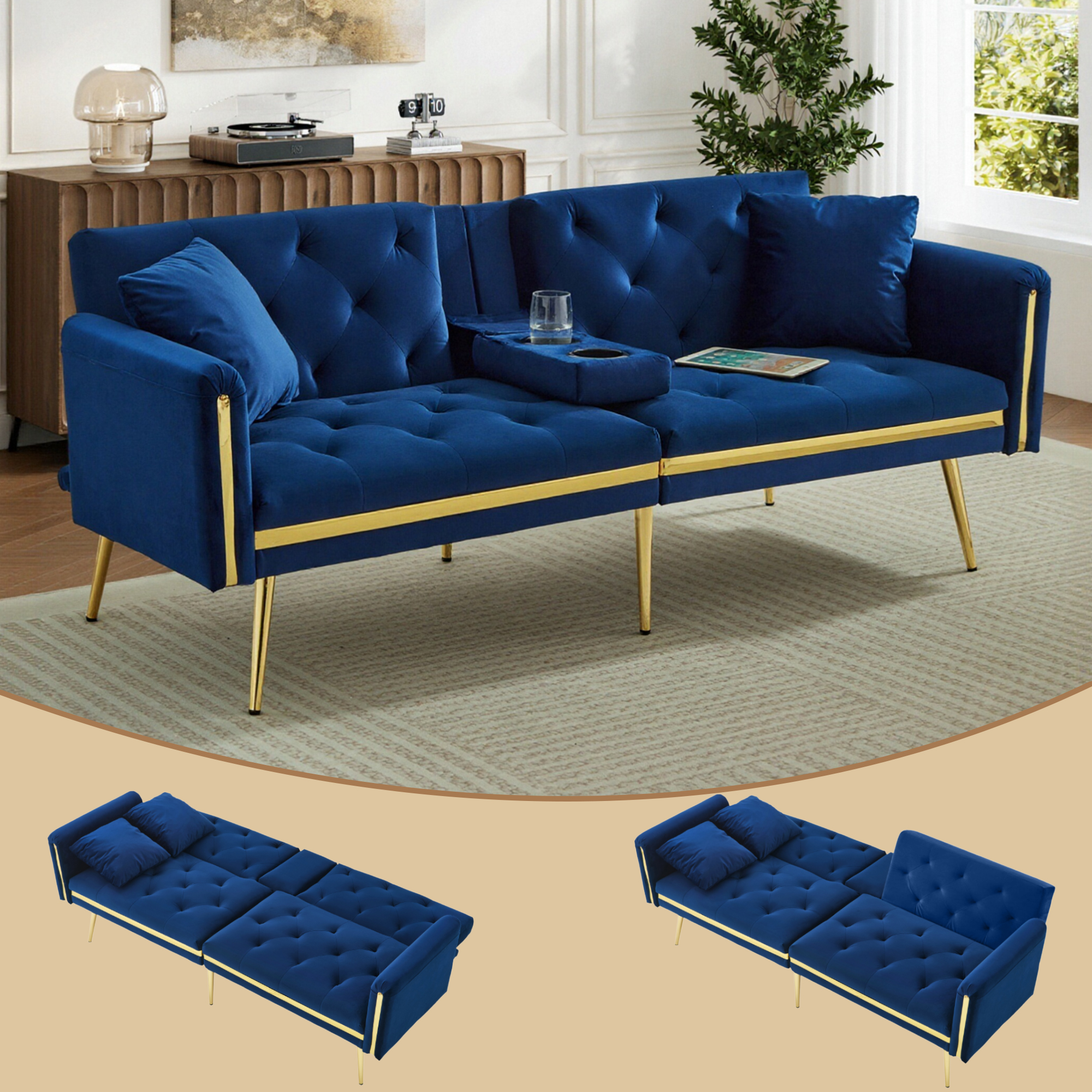 Two-seater Sofa Bed With Adjustable Backrest, Gold Accents And Built-in Cup — image 4