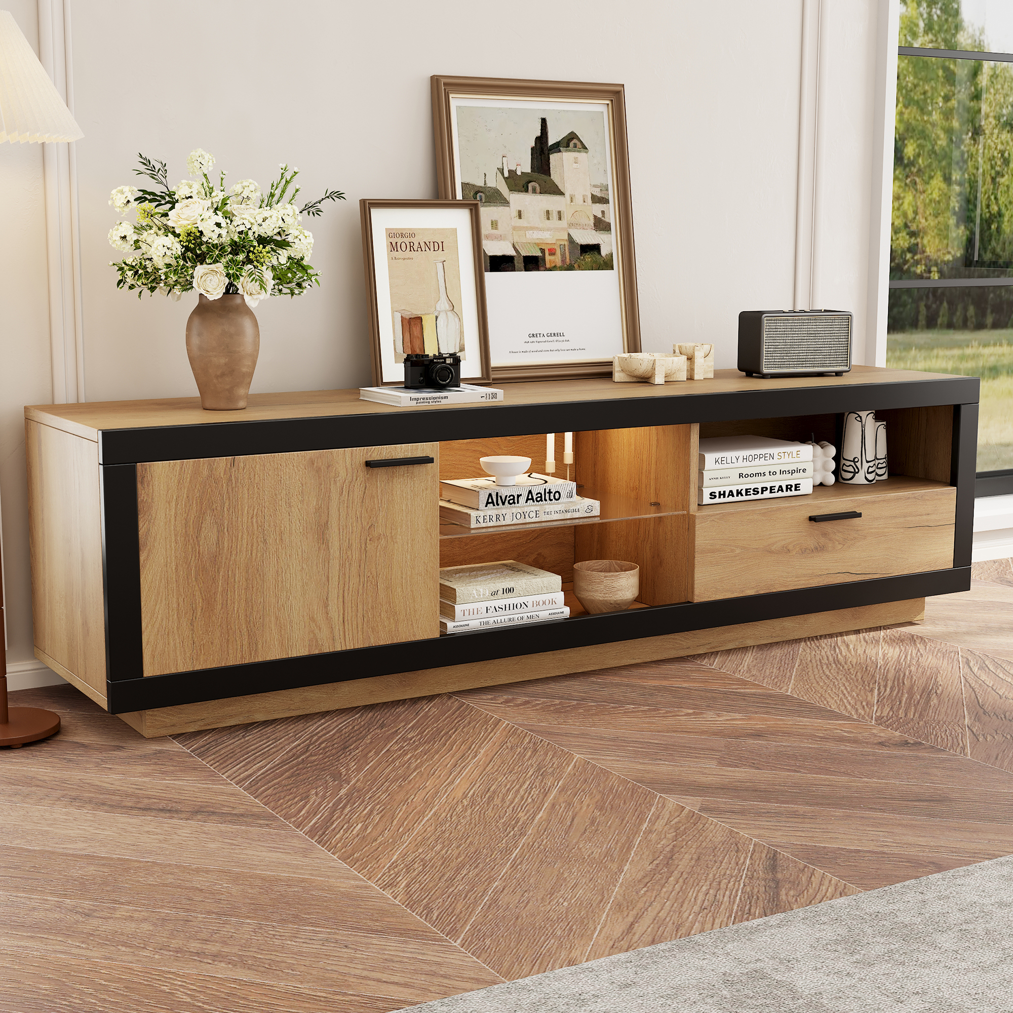 TV Stand Cabient With 1 Drawer 1Door, TV Cabinet Storage Sideboard LED — image 2