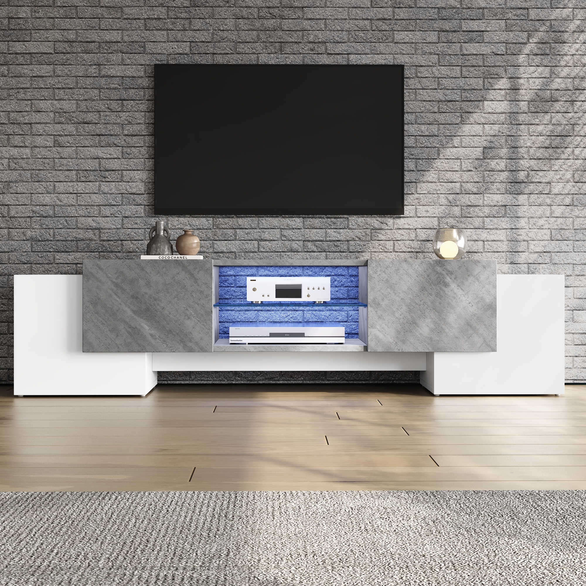 TV Stand Cabient, 4 Doors, 2 Open Storage Areas,TV Cabinet Sideboard With LED — image 2