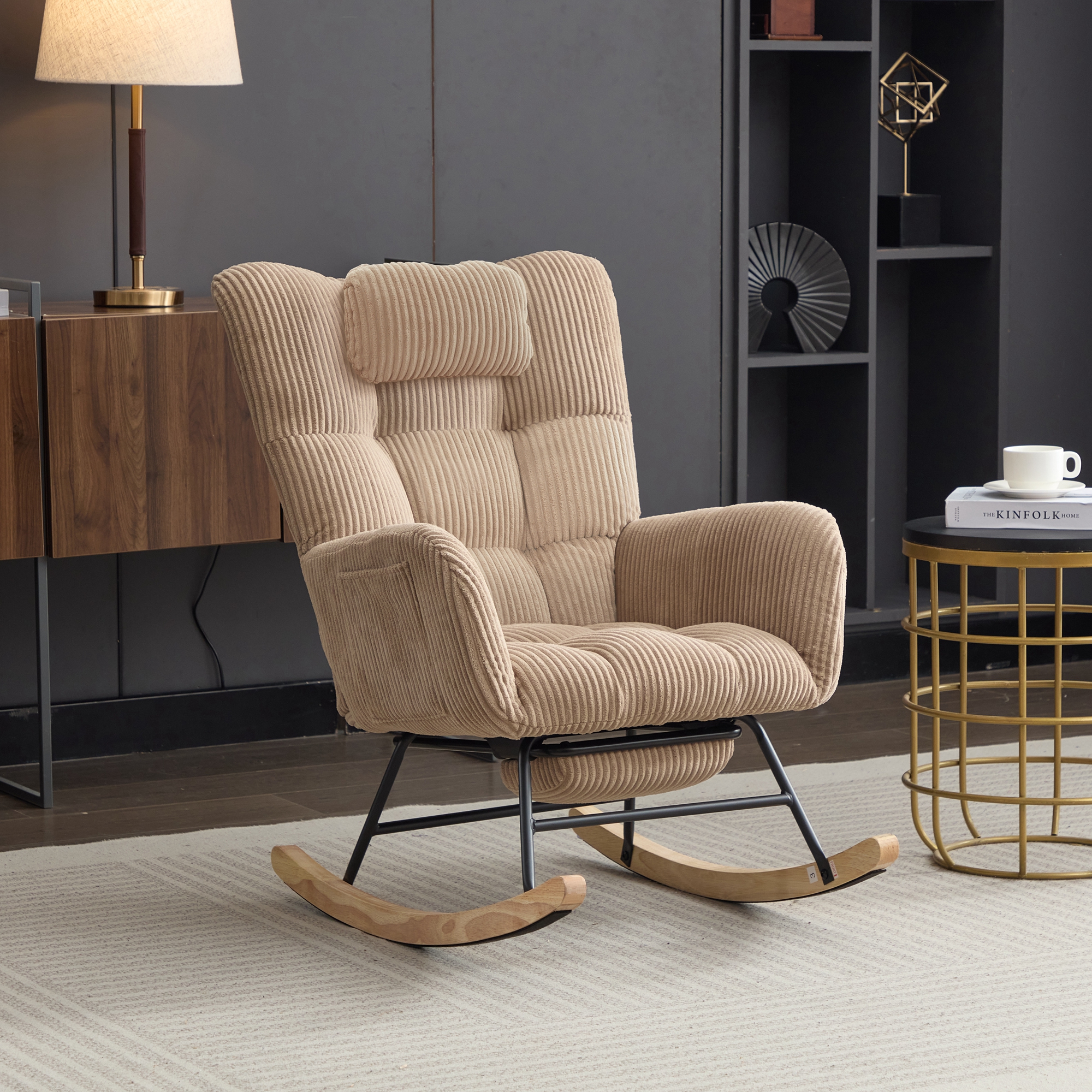 Rocking Chair With Adjustable Footrest, Headrest, Fabric Wooden — image 2