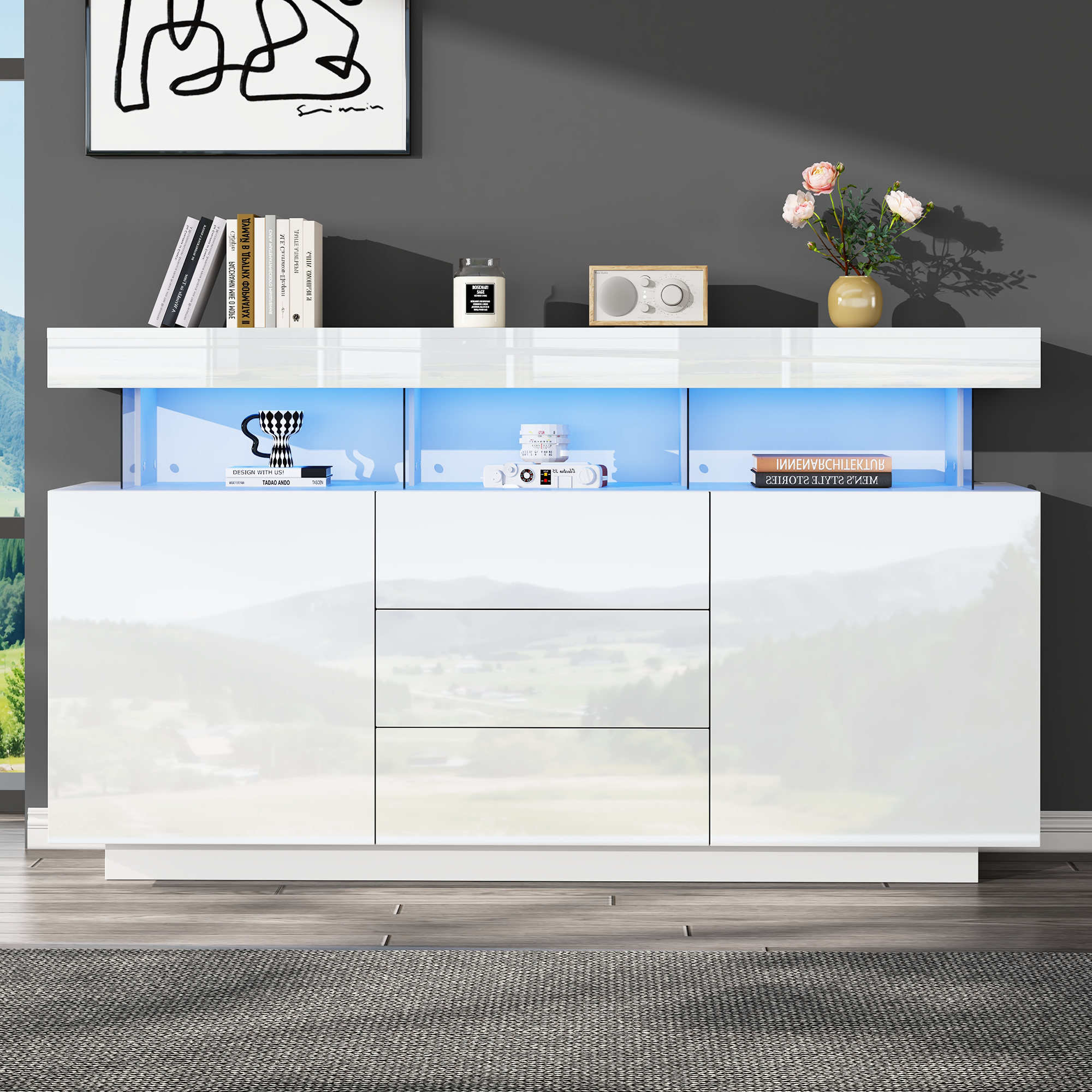 High Gloss Storage Cabinet With LED Lights, Sideboard Buffet 3 Drawers 2 Doors — image 2