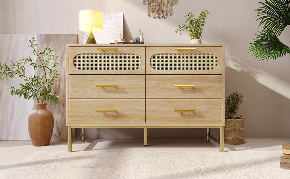 Rattan Sideboard Storage Cabinet With 6 Drawers, Cupboard Sideboards For Living Room, Bedroom, And Hallway, Metal Handles, Anti-Tip, 120 X 40 X 74 Cm, Oak B5e84192 0c33 4628 A855 0dec73cf8afd