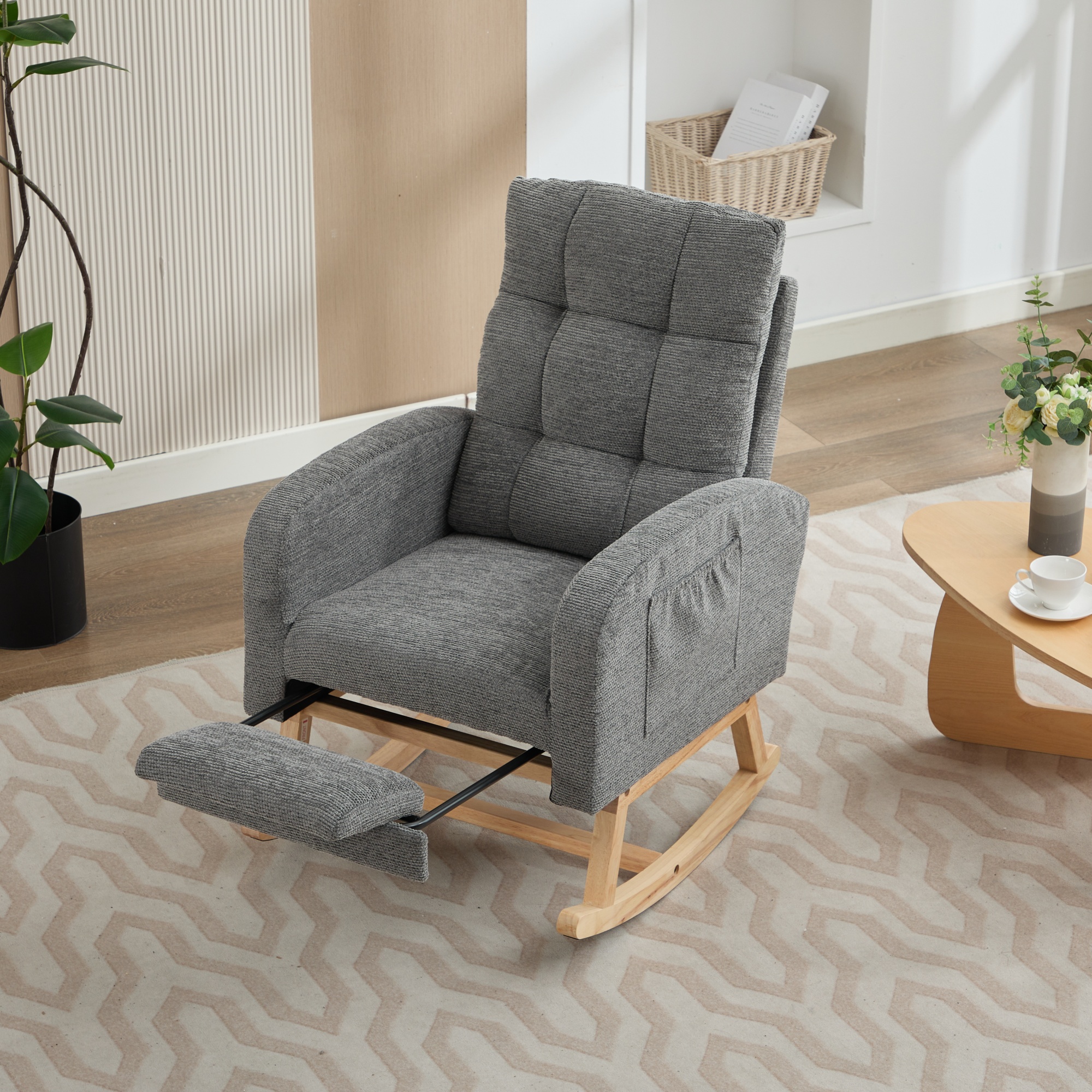Rocking Chair With Adjustable Footrest For Living Room, Waffle Fabric, Solid — image 2