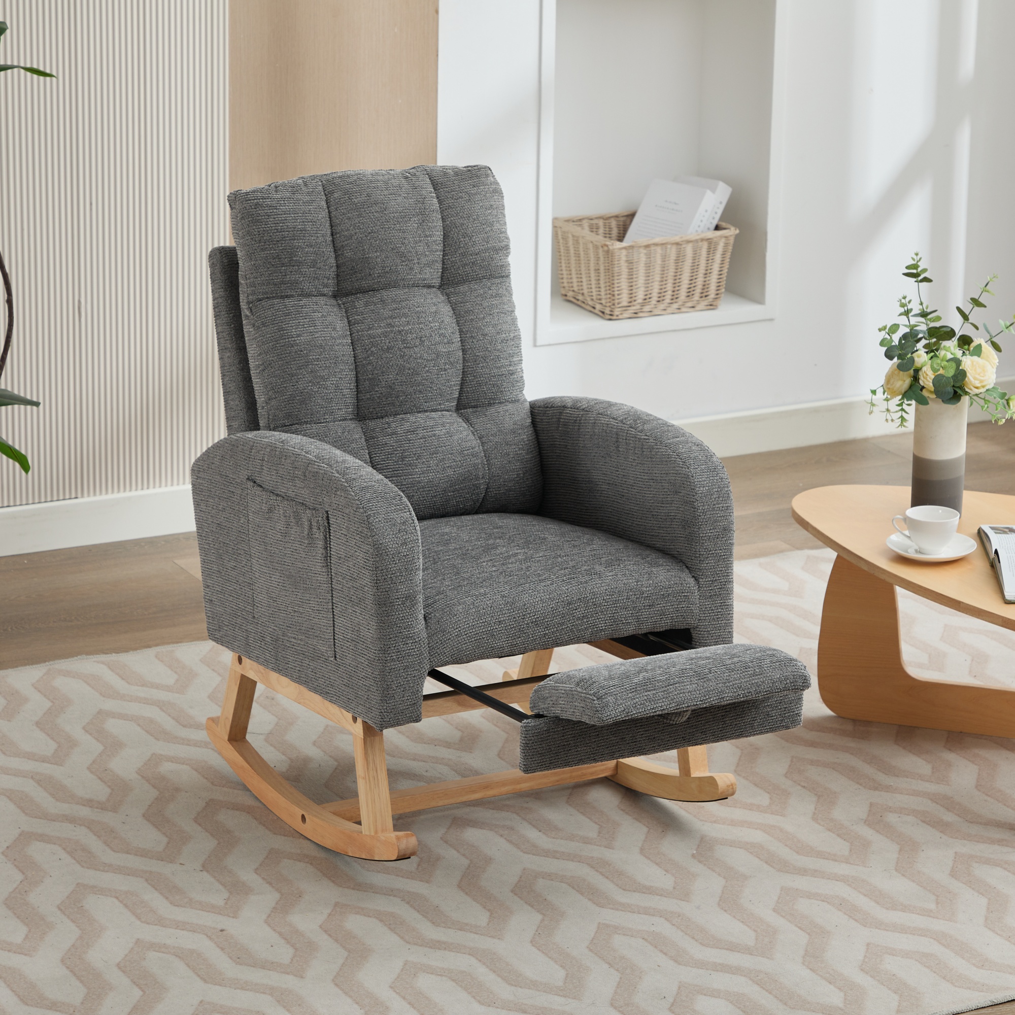 Rocking Chair With Adjustable Footrest For Living Room, Waffle Fabric, Solid — image 6