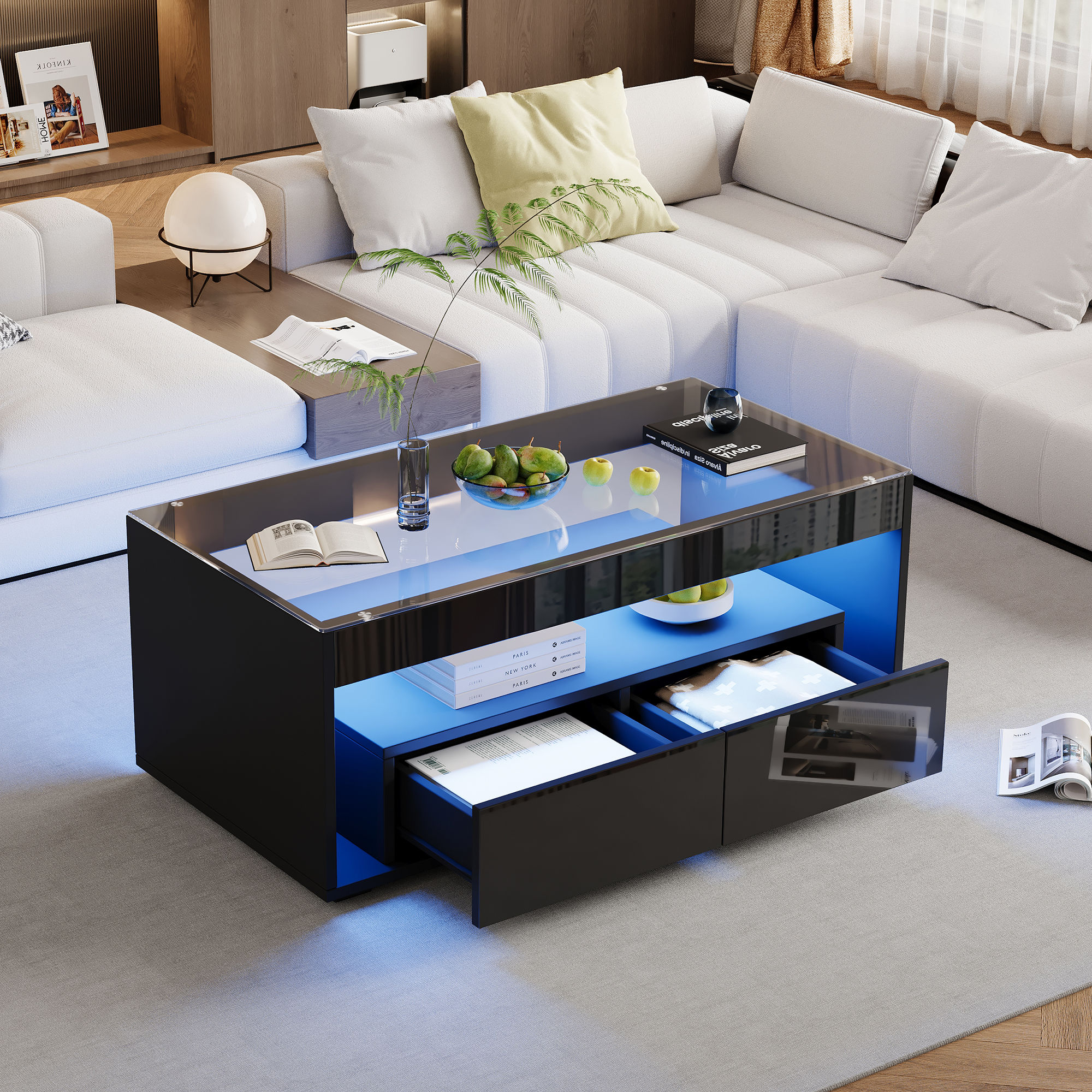 High Gloss Coffee Table With Open Storage, LED Lights, Centre Glass Tabletop — image 6