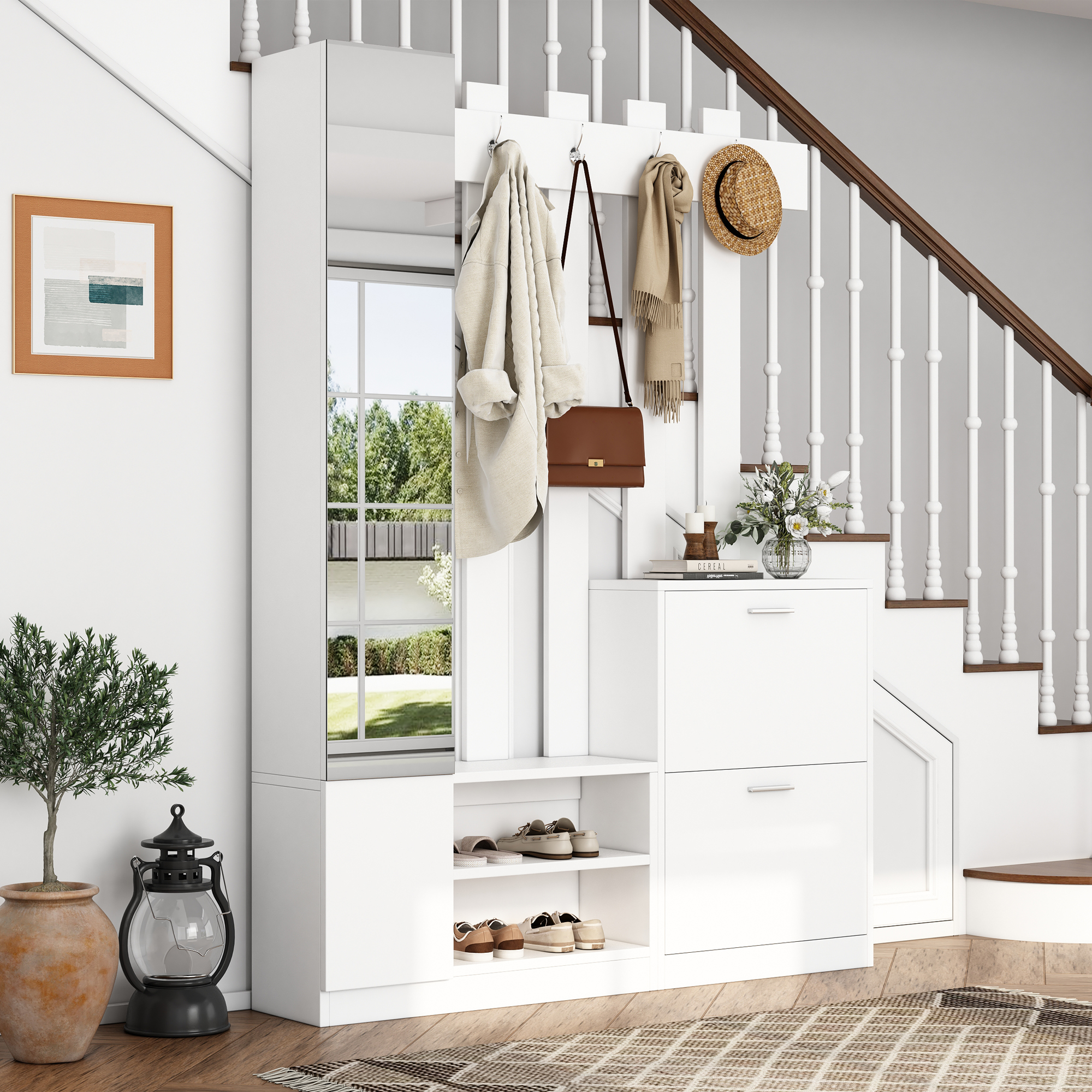 Coat Rack With 4 Tiers Shoe Storage Cabinet, 5 Hooks And Mirror, Hall Tree — image 2