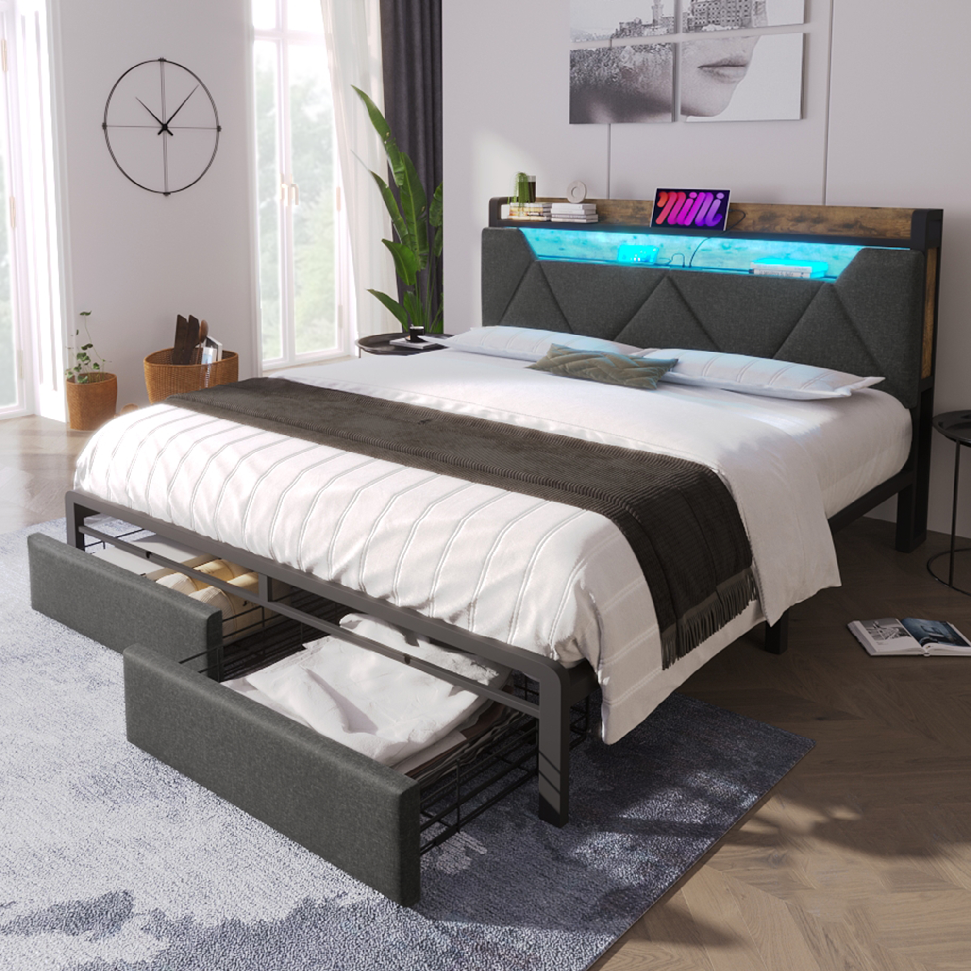 Upholstered Double Bed With LED Lighting, USB Type-C Charging Function, Storage Headboard And Drawers, 4ft6 Double Bed 135 X 190 Cm, Storage Bed Frame With Metal Slatted Frame,Linen, Grey No Mattress