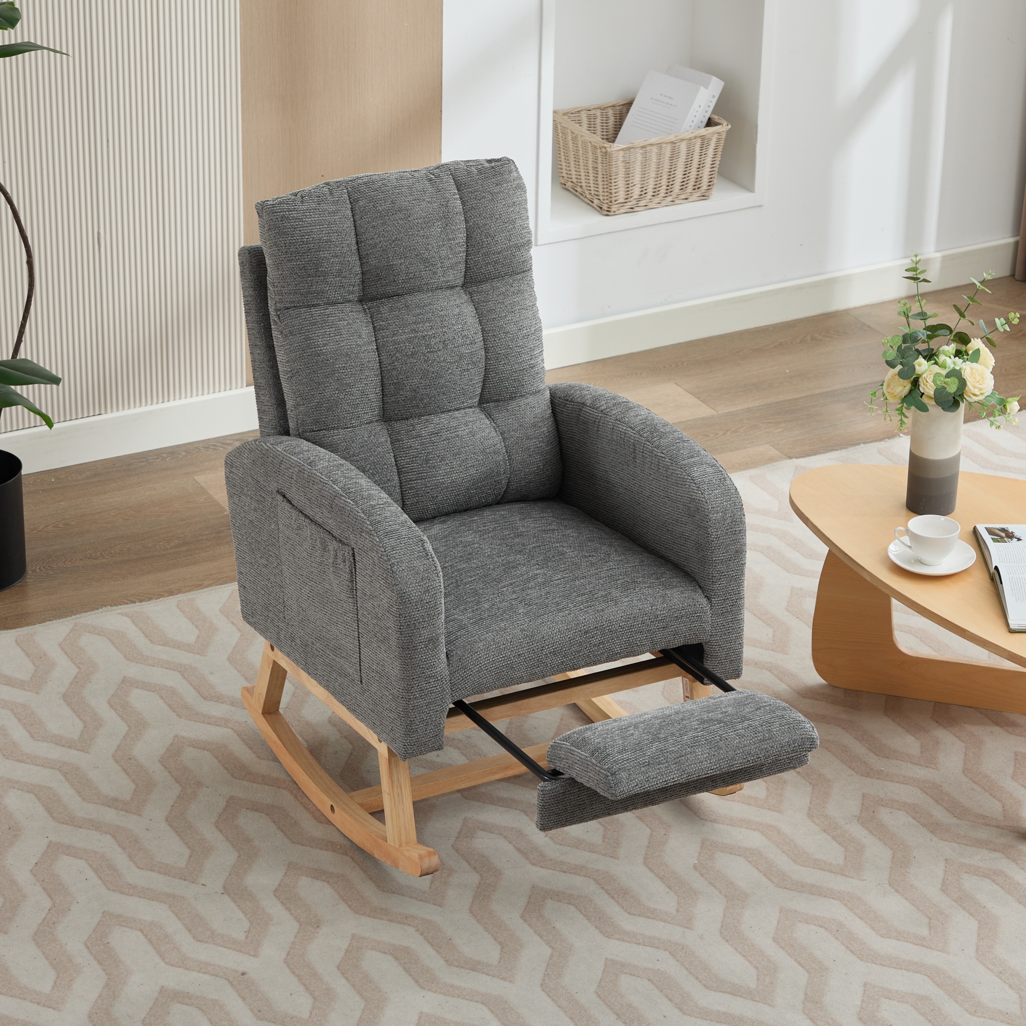 Rocking Chair With Adjustable Footrest For Living Room, Waffle Fabric, Solid — image 4