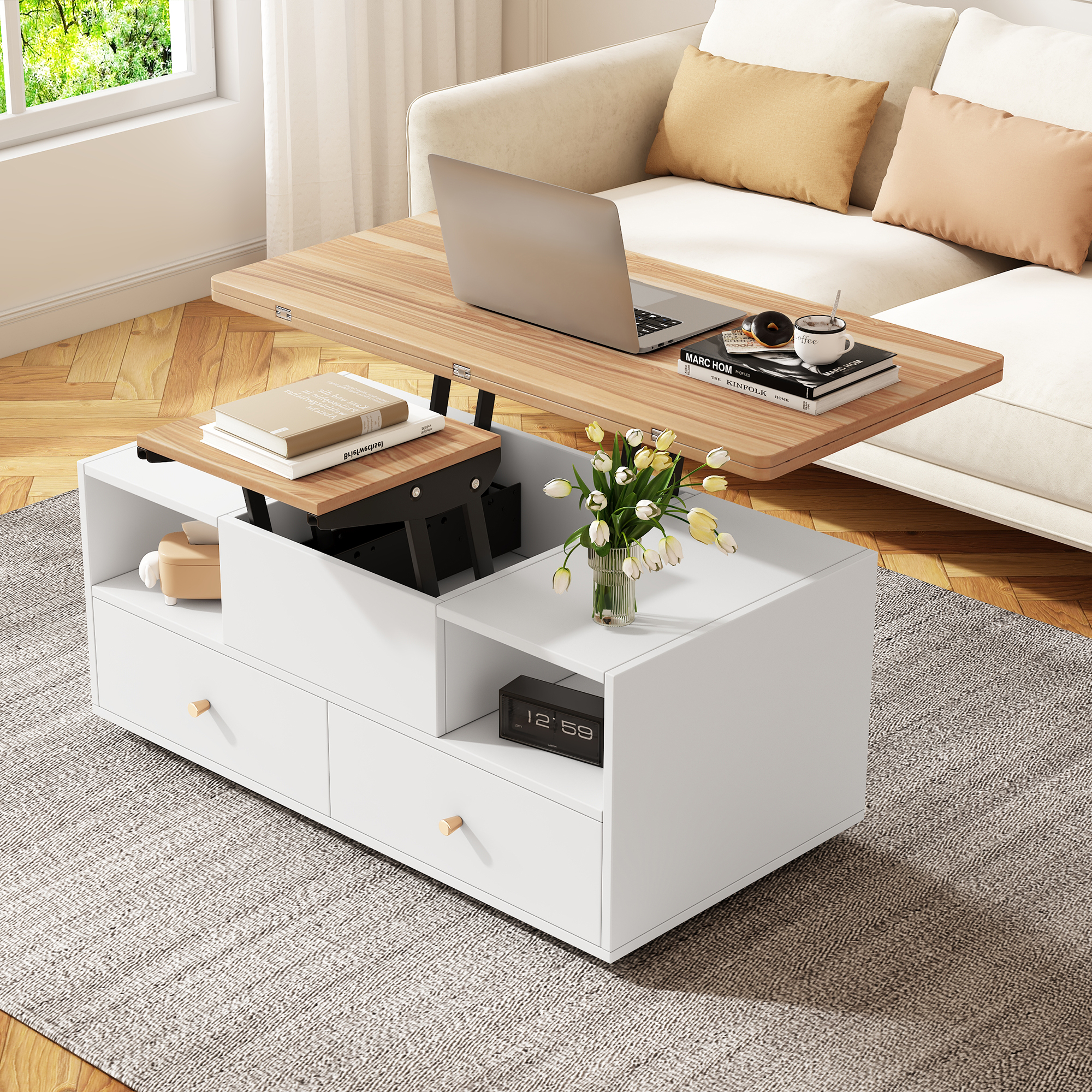 Lift Top Coffee Table With Wheels, Centre 4 Drawers 2 Lifting Platforms — image 6