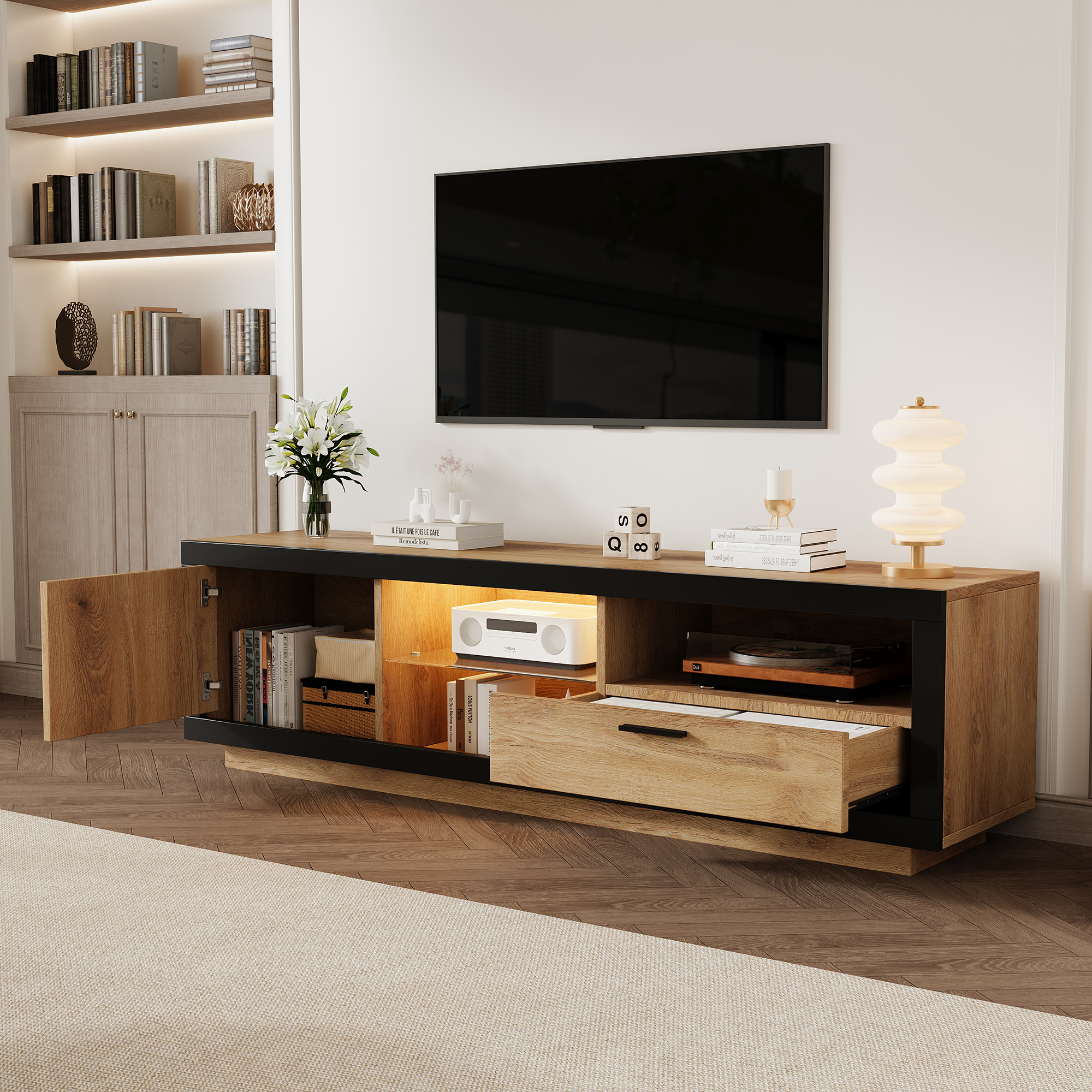 TV Stand Cabient With 1 Drawer 1Door, TV Cabinet Storage Sideboard LED — image 3