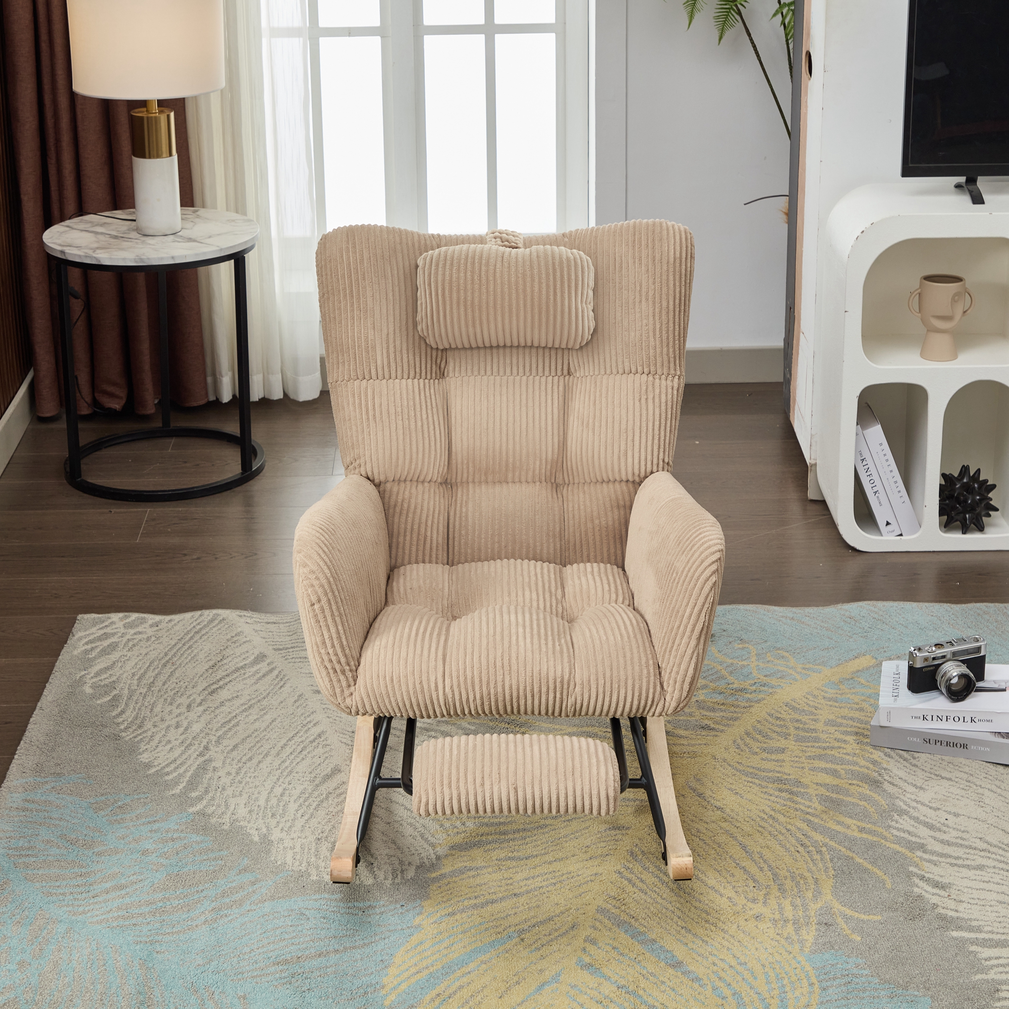 Rocking Chair With Adjustable Footrest, Headrest, Fabric Wooden — image 4