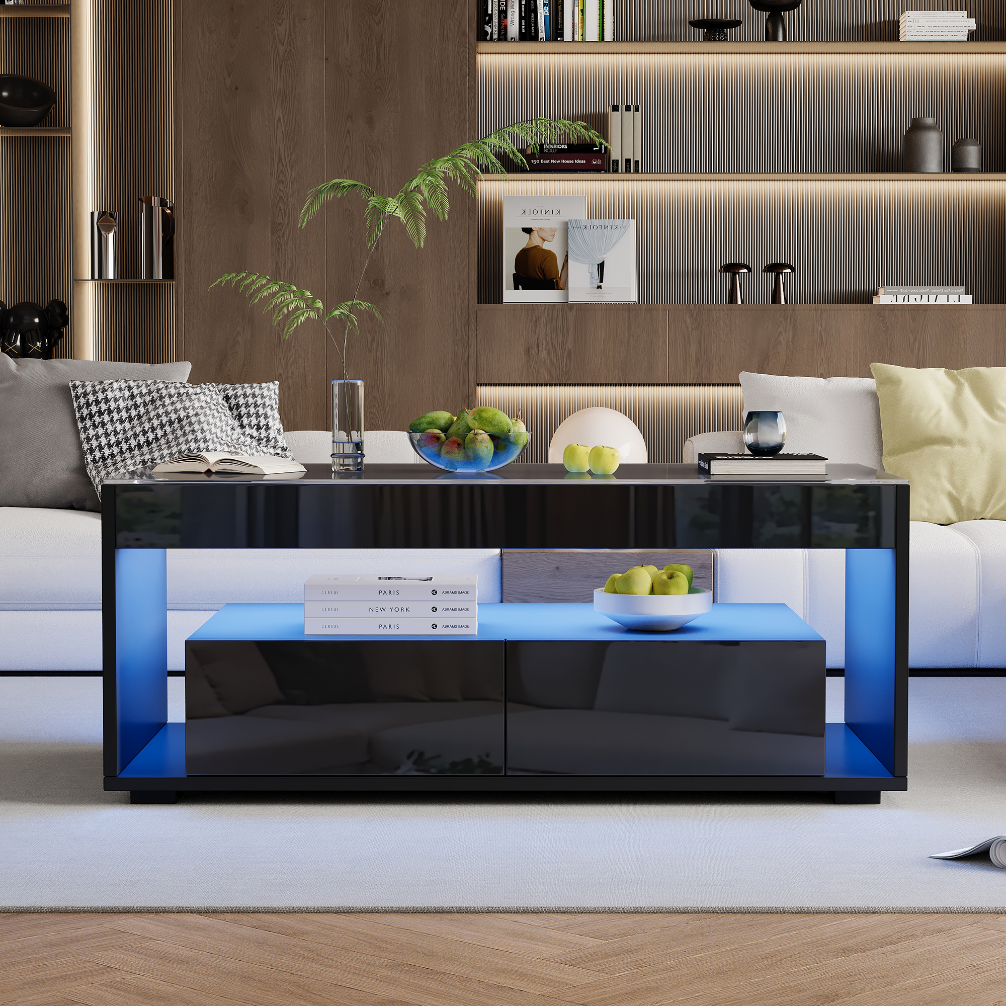 High Gloss Coffee Table With Open Storage, LED Lights, Centre Glass Tabletop — image 3