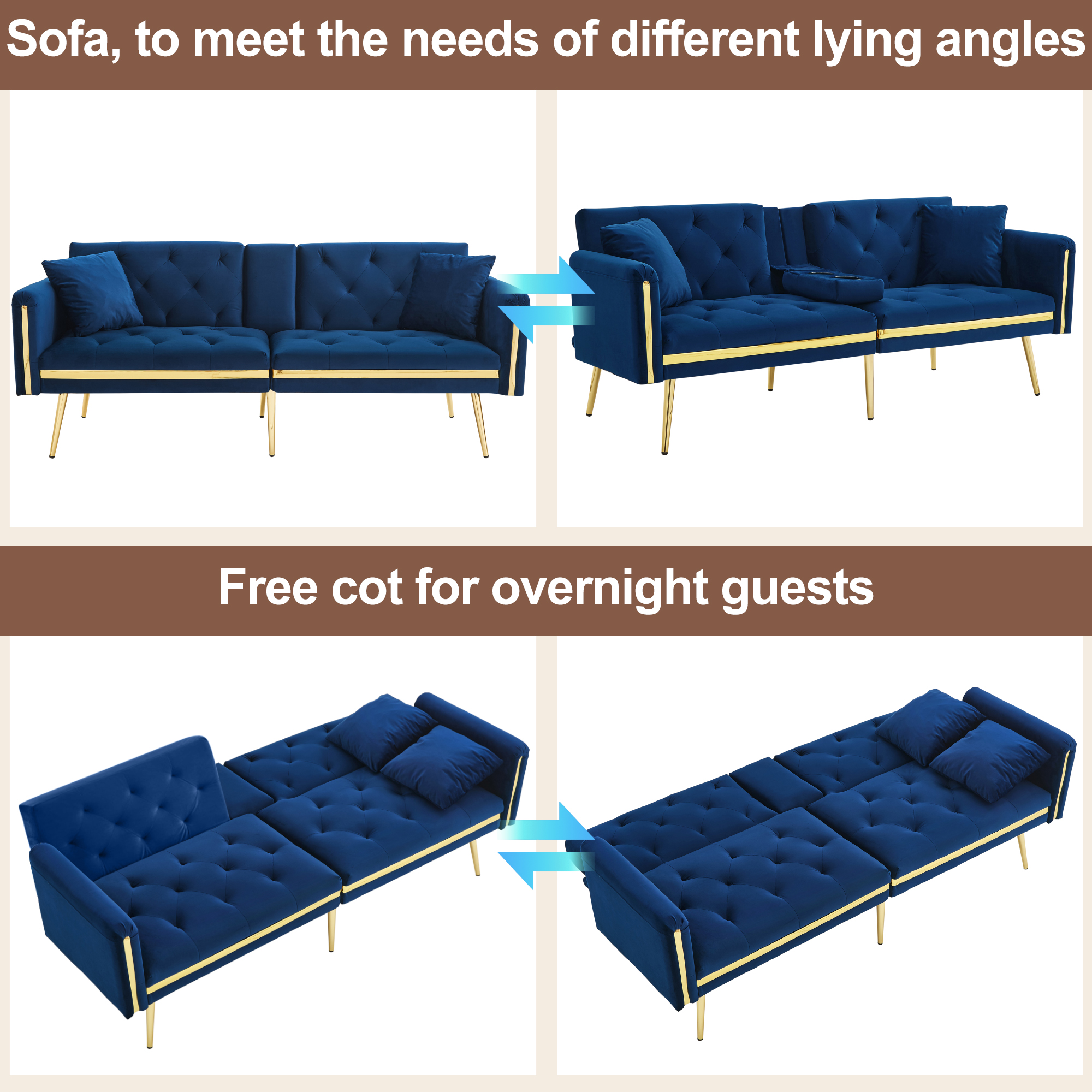 Two-seater Sofa Bed With Adjustable Backrest, Gold Accents And Built-in Cup — image 3
