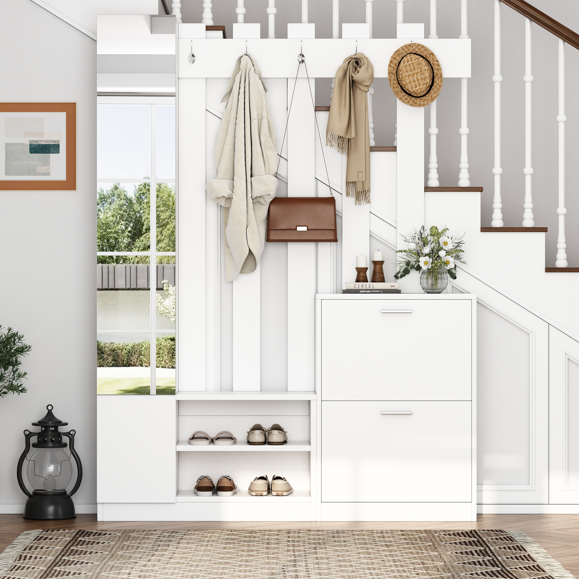 Coat Rack With 4 Tiers Shoe Storage Cabinet, 5 Hooks And Mirror, Hall Tree — image 6