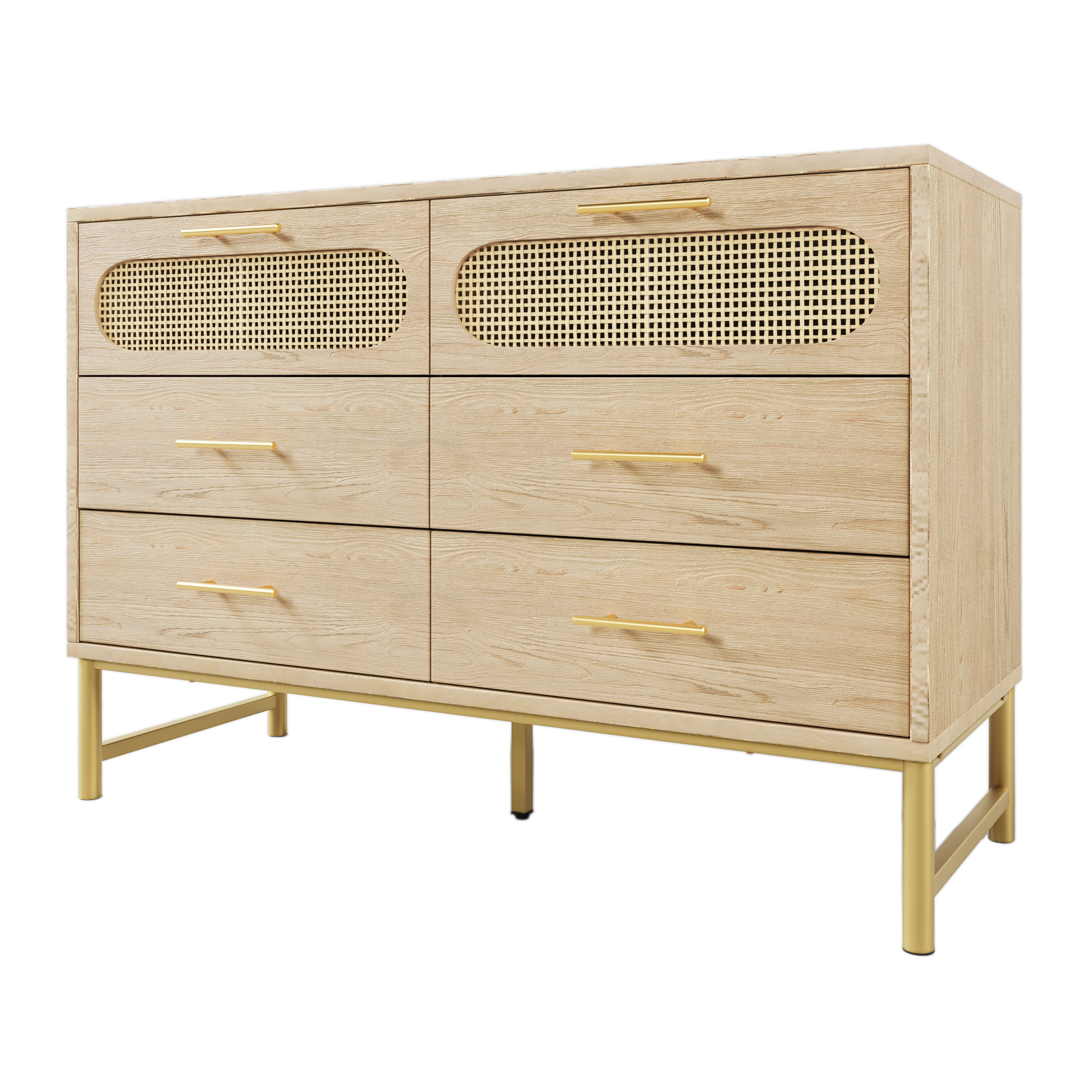 Rattan Sideboard Storage Cabinet With 6 Drawers, Cupboard Sideboards For Living Room, Bedroom, And Hallway, Metal Handles, Anti-Tip, 120 X 40 X 74 Cm, Oak Dde05fc8 E235 44b9 8993 E2149e1488fa