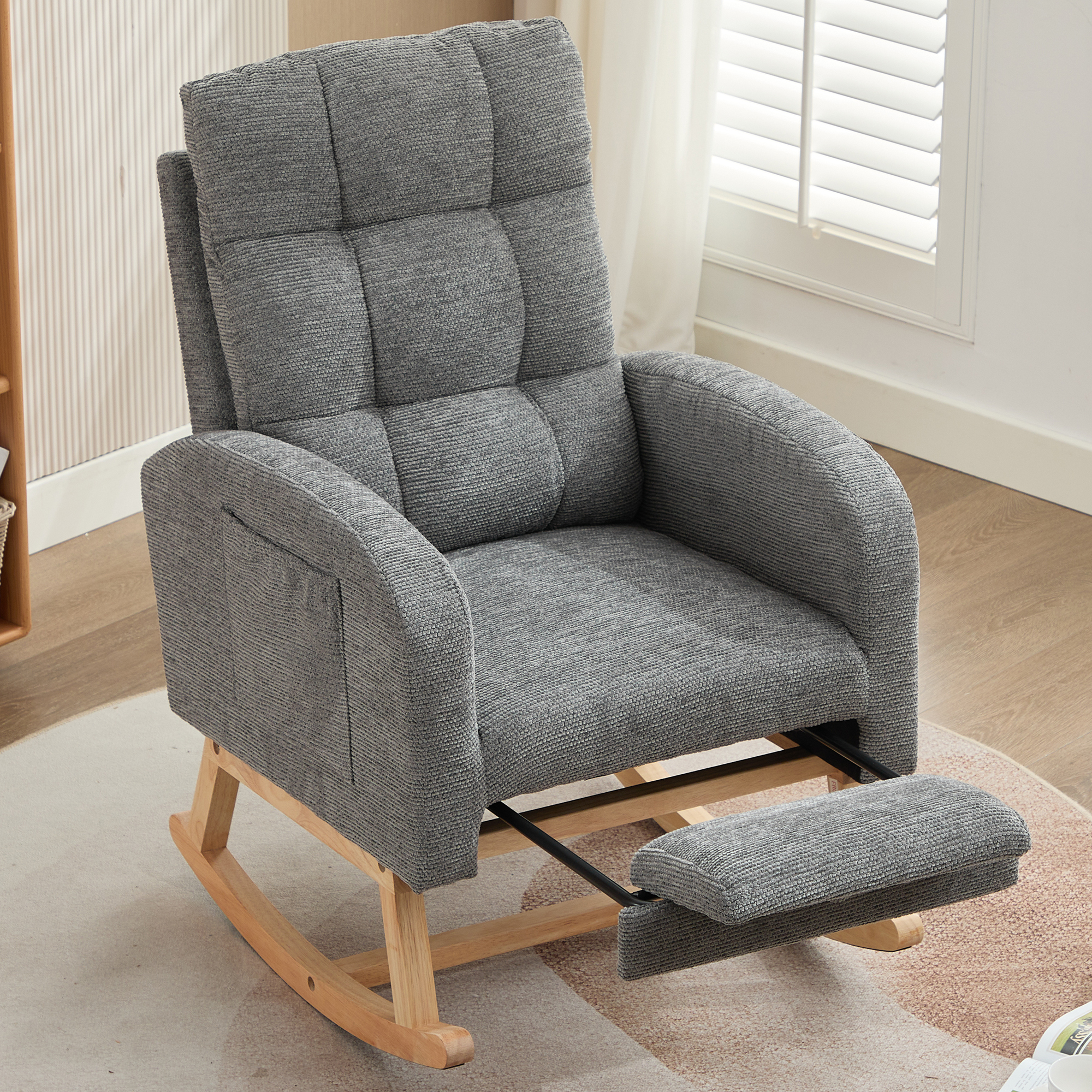 Rocking Chair With Adjustable Footrest For Living Room, Waffle Fabric, Solid — image 5