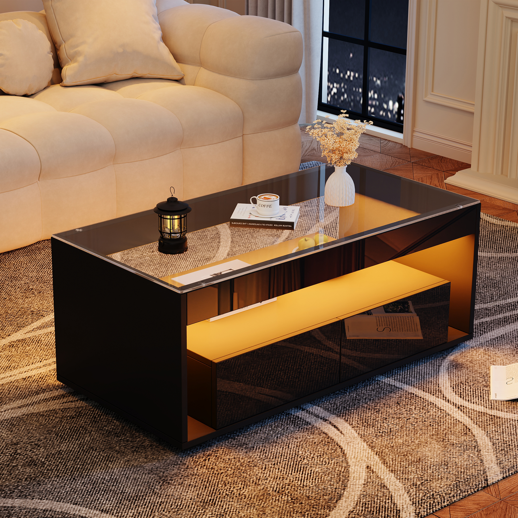 High Gloss Coffee Table With Open Storage, LED Lights, Centre Glass Tabletop — image 5