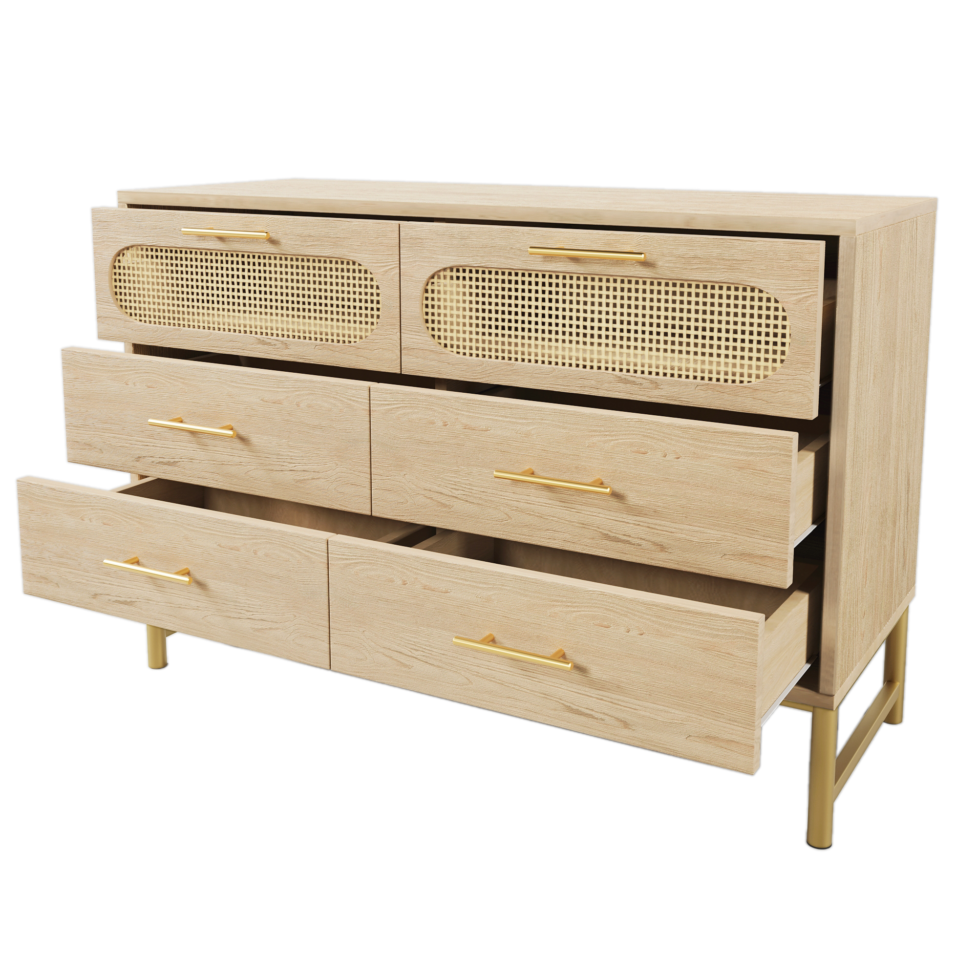 Rattan Sideboard Storage Cabinet With 6 Drawers, Cupboard Sideboards For Living Room, Bedroom, And Hallway, Metal Handles, Anti-Tip, 120 X 40 X 74 Cm, Oak E69fa3e1 Deda 4220 8743 Ac4606410f9e