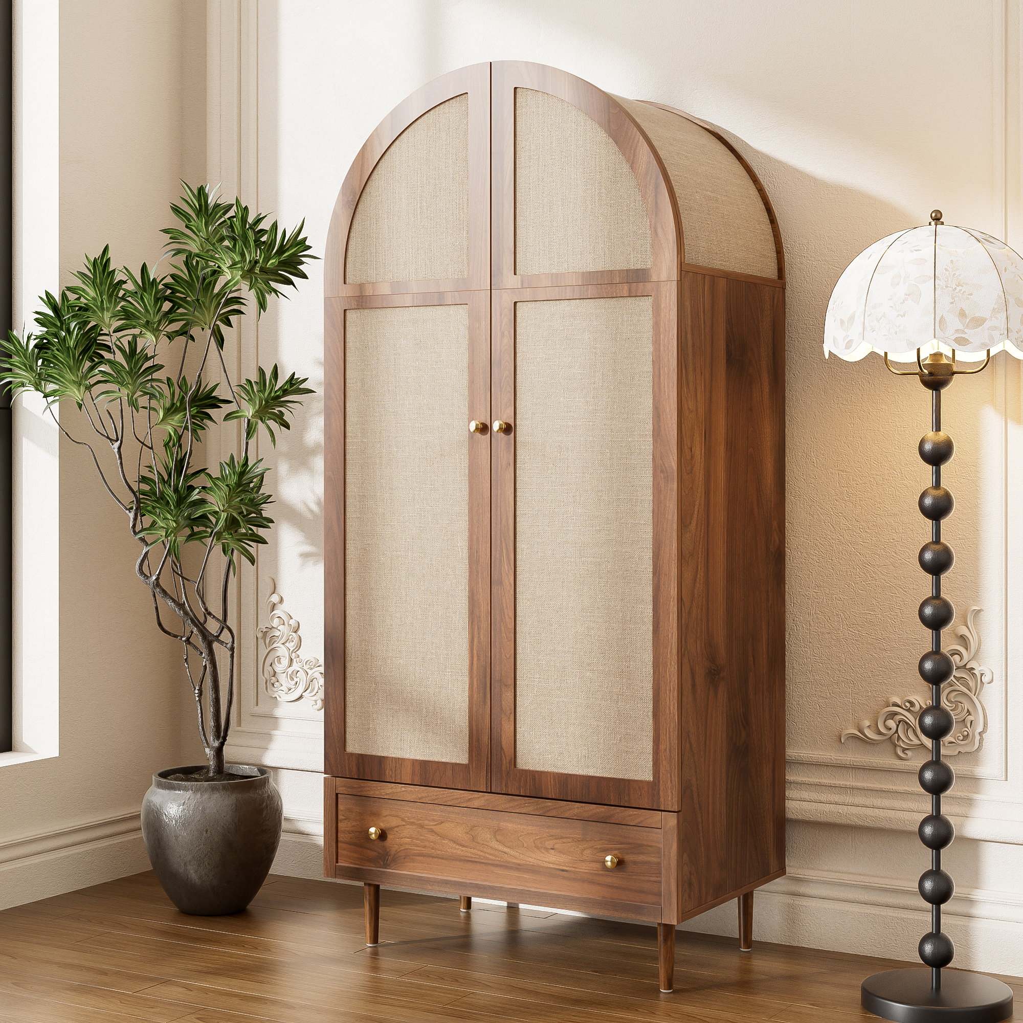 Elegant Wardrobe With Fabric Doors Drawer, Clothes Cabinet Walnut Look, Sturdy — image 6