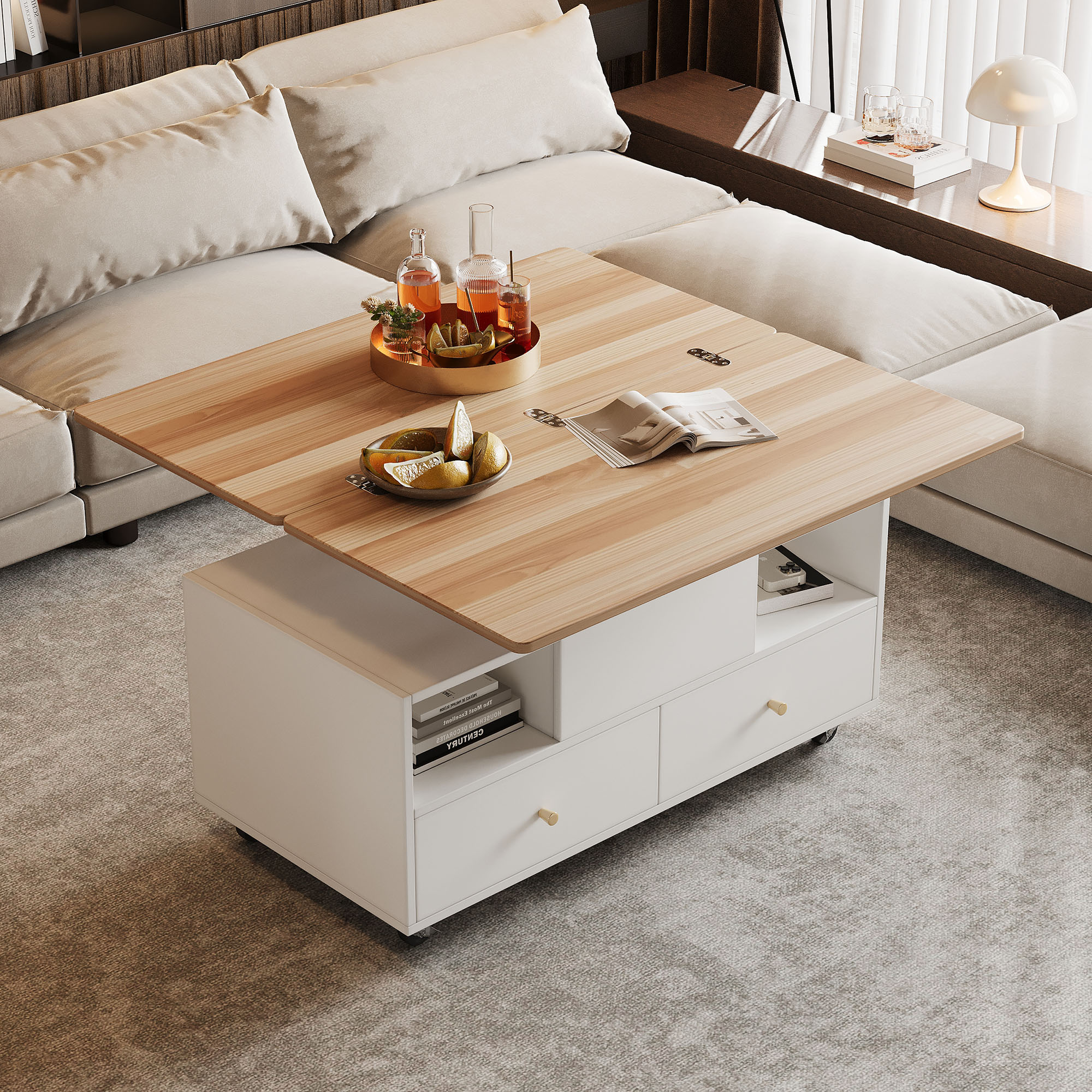 Lift Top Coffee Table With Wheels, Centre 4 Drawers 2 Lifting Platforms — image 2