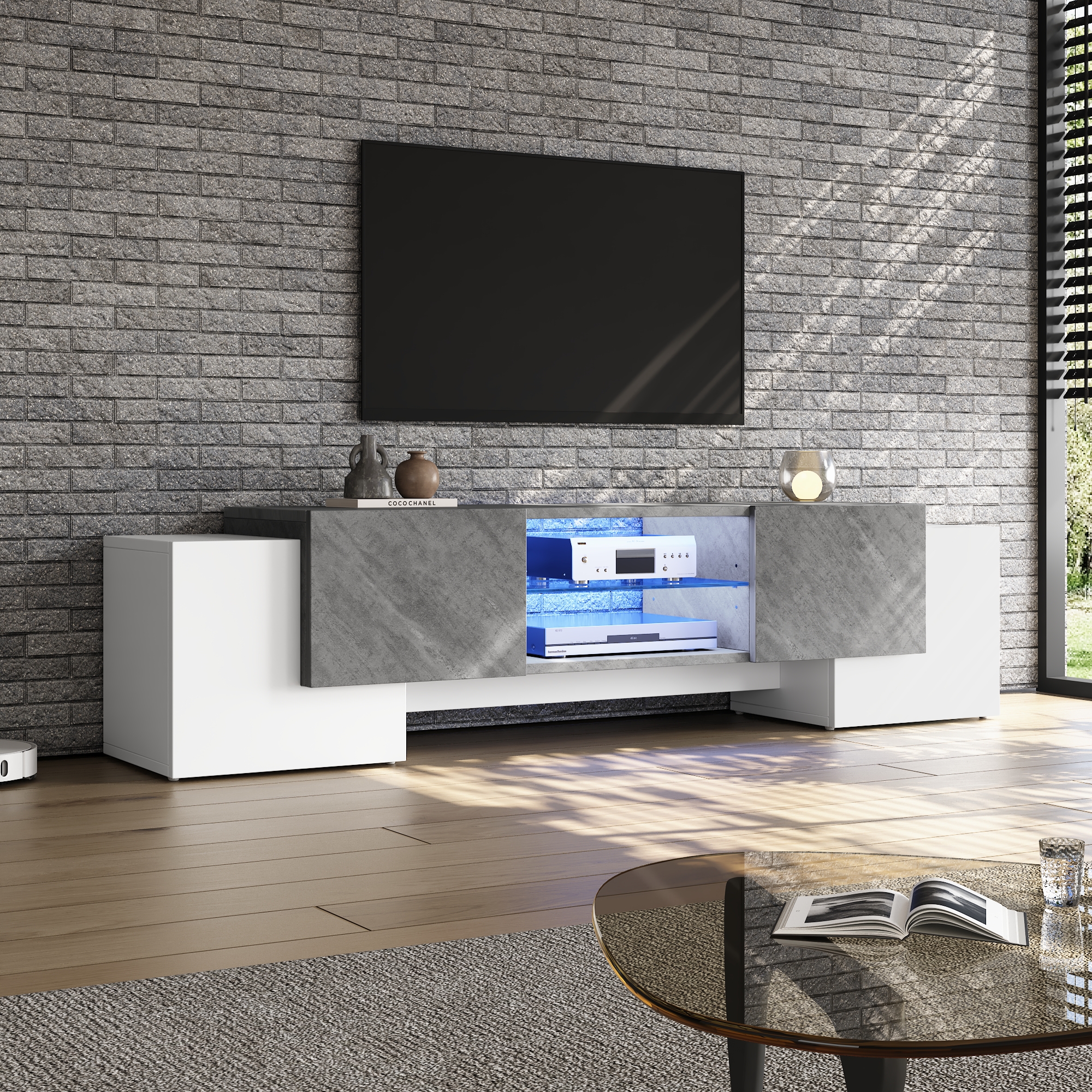 TV Stand Cabient, 4 Doors, 2 Open Storage Areas,TV Cabinet Sideboard With LED — image 3