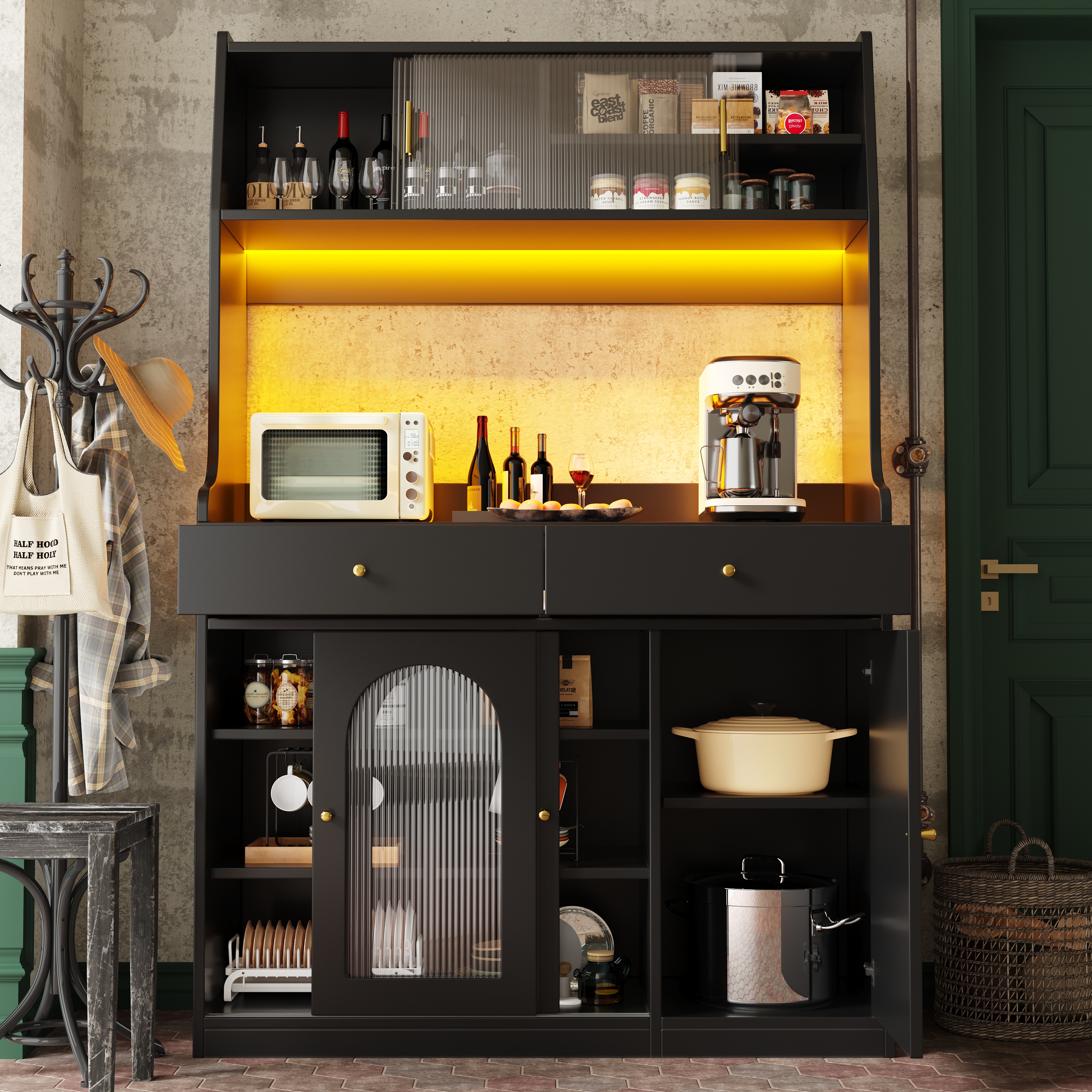 Tall black LED sideboard cabinet with glass display section