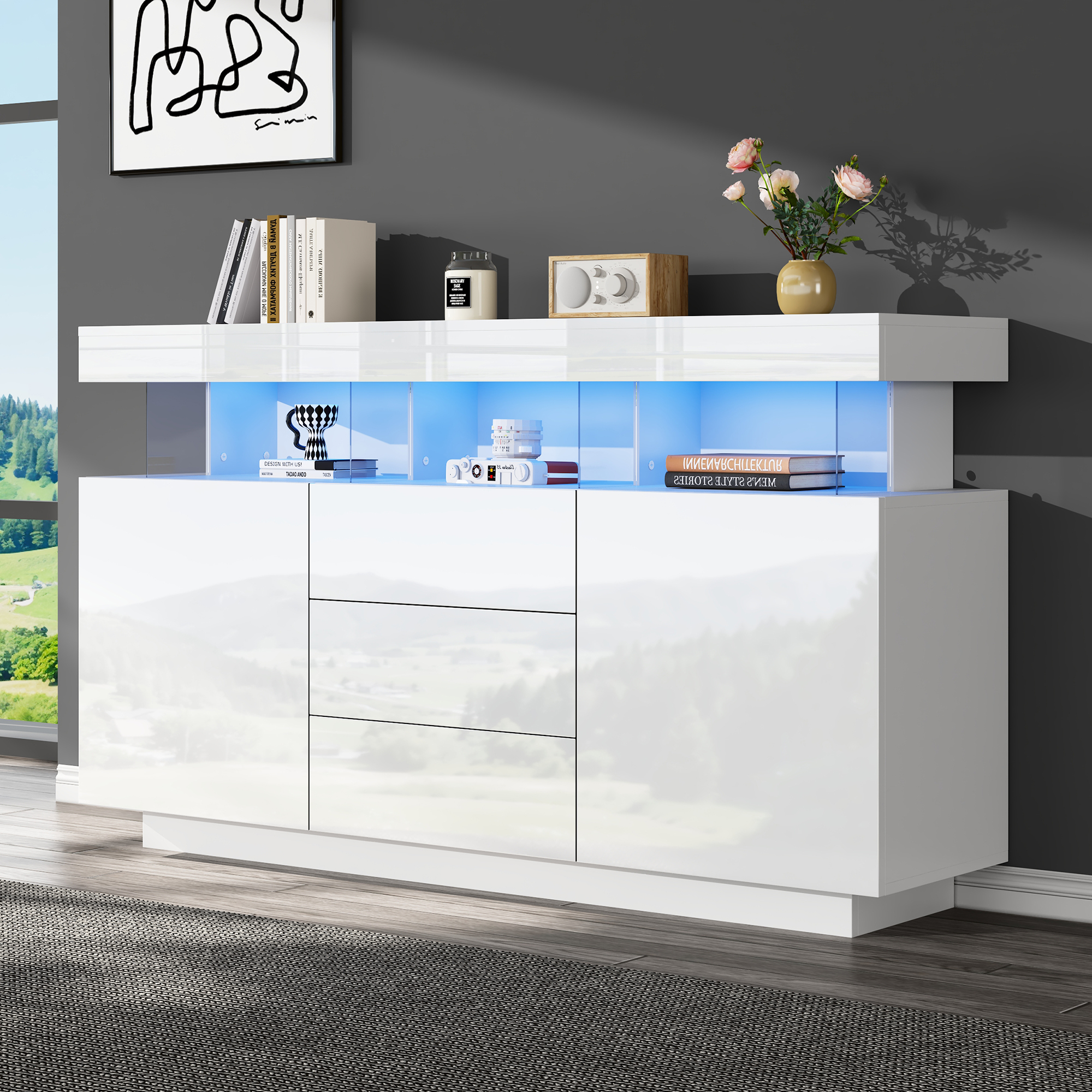 High Gloss Storage Cabinet With LED Lights, Sideboard Buffet 3 Drawers 2 Doors — image 5