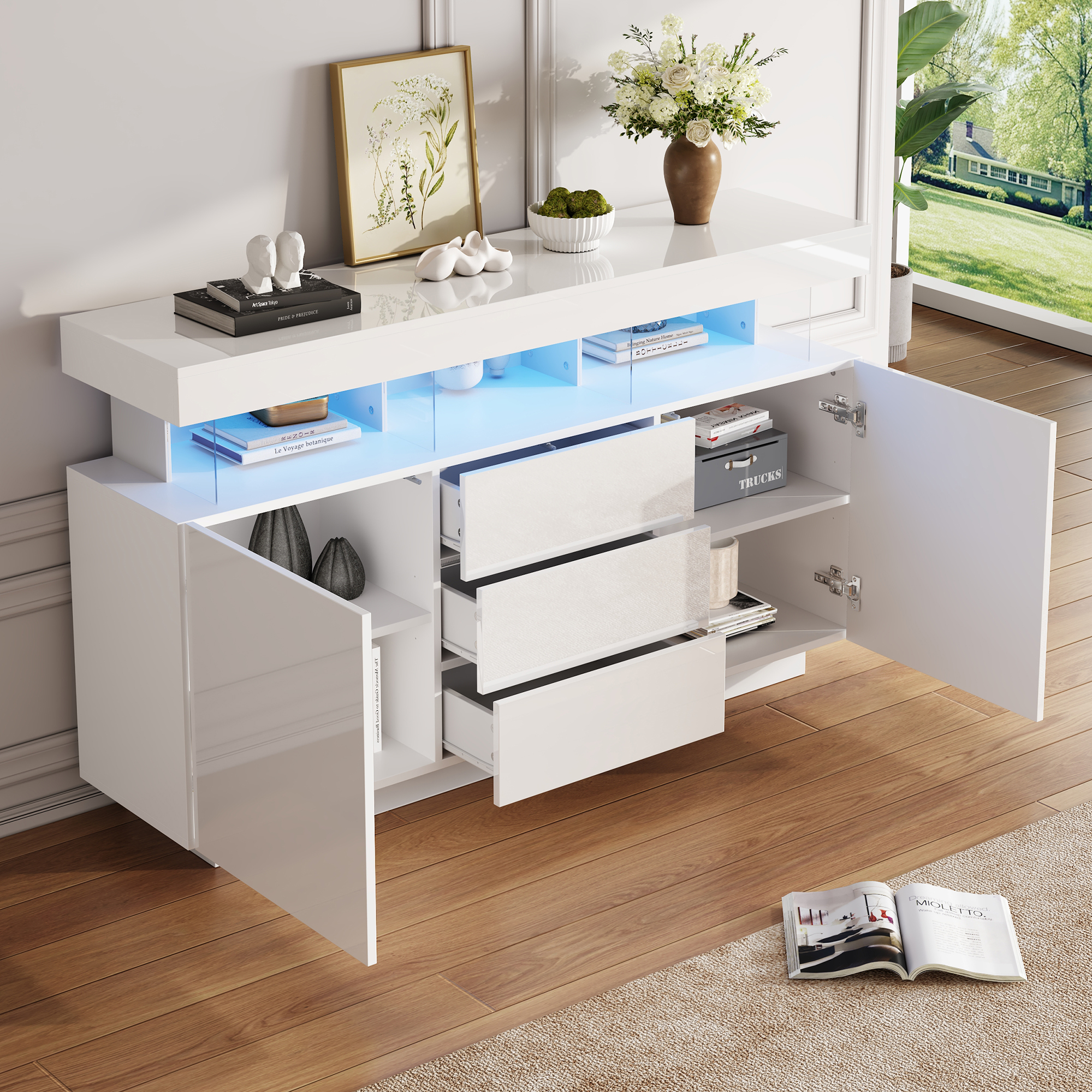 High Gloss Storage Cabinet With LED Lights, Sideboard Buffet 3 Drawers 2 Doors — image 6