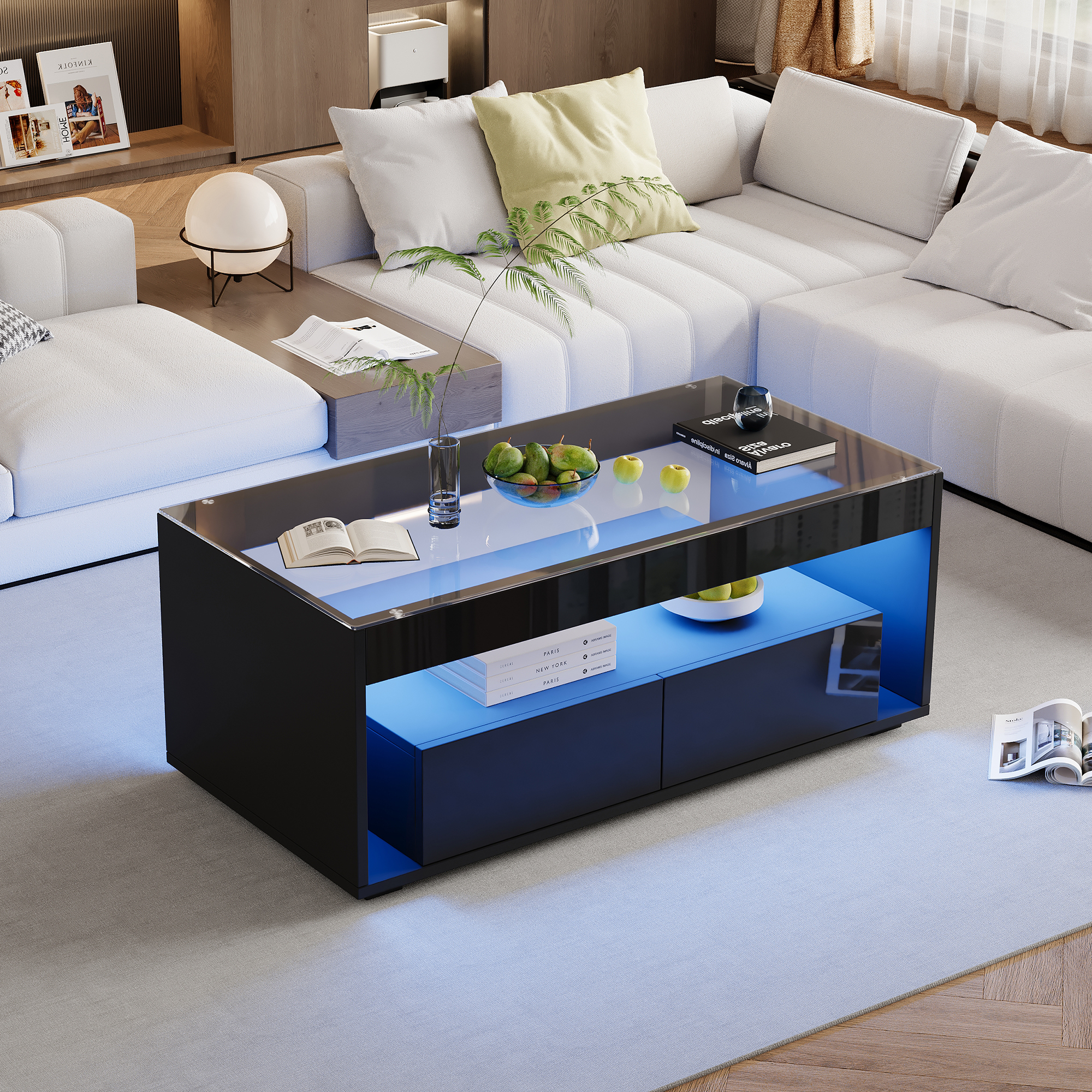 High Gloss Coffee Table With Open Storage, LED Lights, Centre Glass Tabletop — image 2