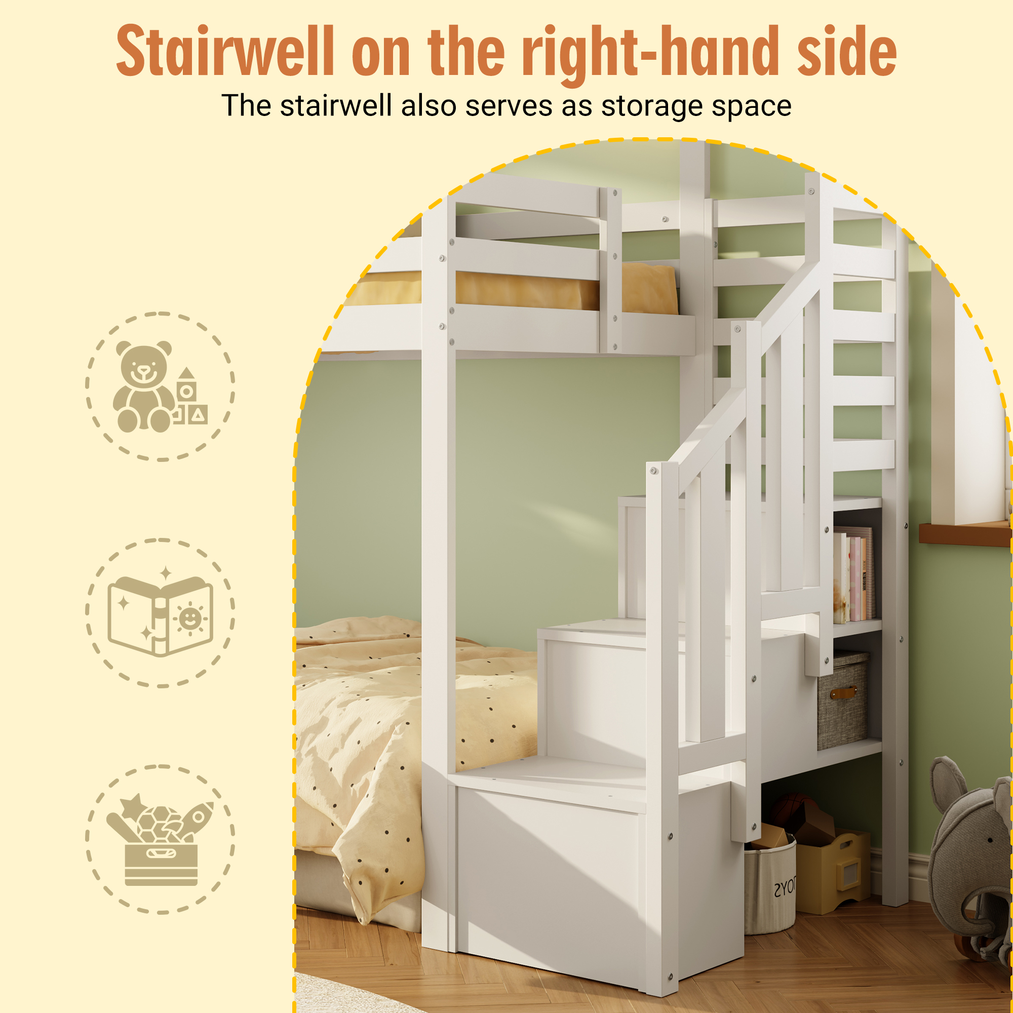 Bunk Bed, Loft Children's 90x190cm With Fall Protection And Storage Stairs — image 2