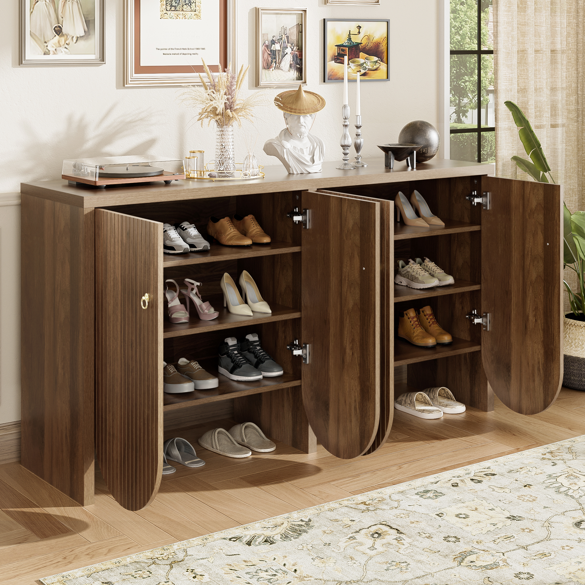 Elegant Sideboard In Walnut Look 147X40X80 Cm With 4 Doors Adjustable Shelves Aluminum Handles Versatile Storage Cabinet For Living Room, Dining Room Hallway Fb84dd8c 7305 4bb3 9574 2bc27fbd7f57