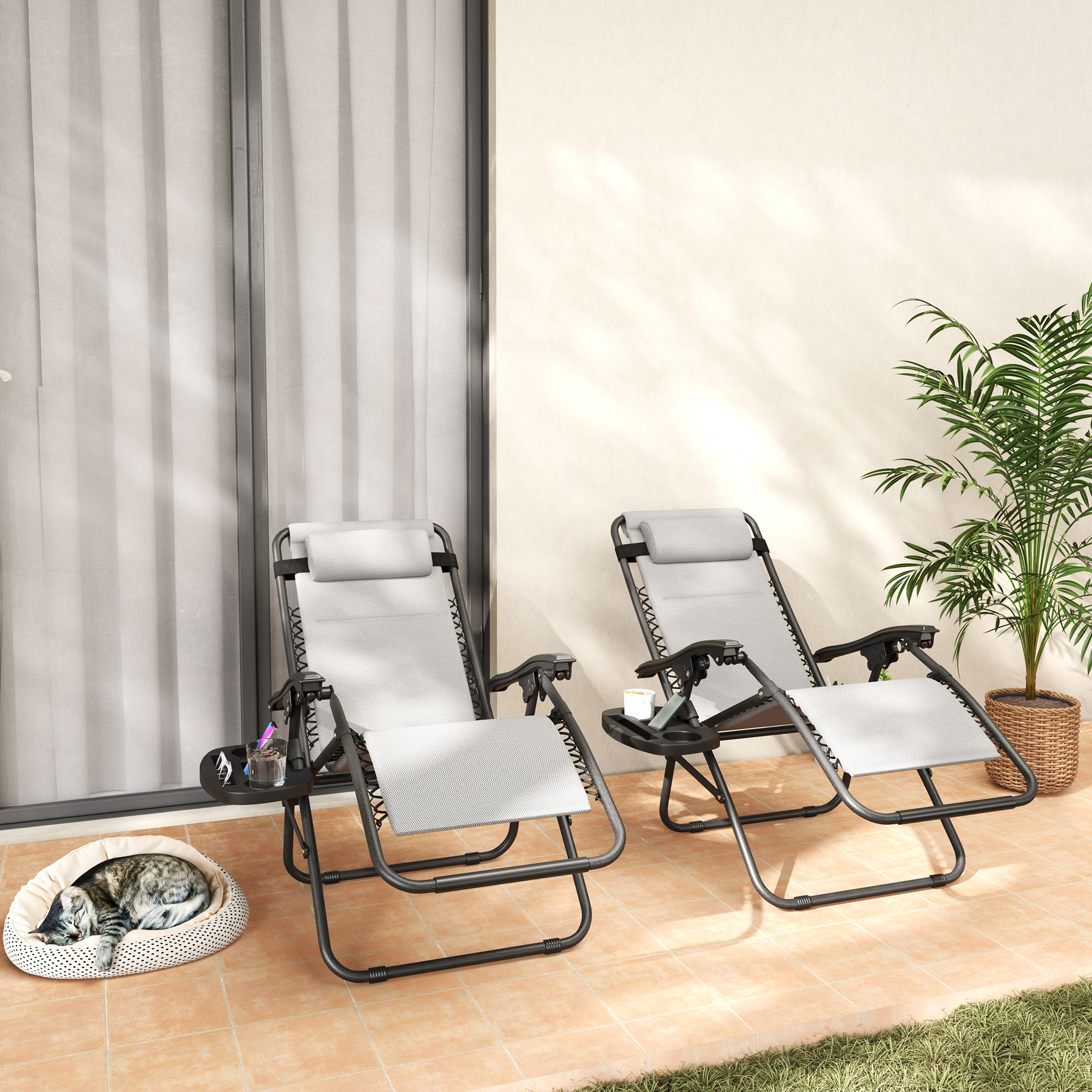 Zero Gravity Lounge Chair Set, 2 Pieces Reclining Folding Outdoor Lounge Chairs With Headrest Side Tray, Light Gray