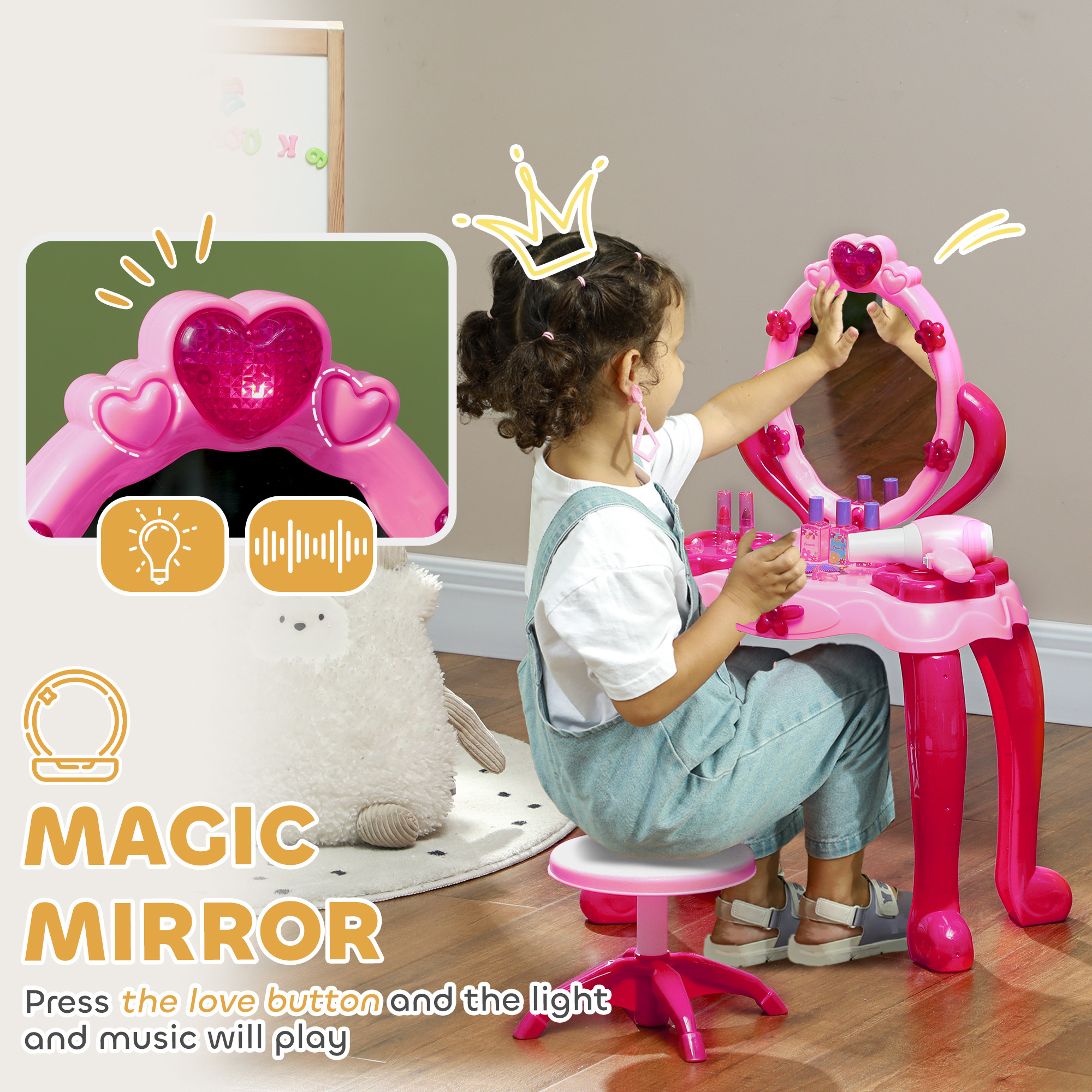 Kids Vanity Set With Mirror And Stool, Light And Sound, 15 Accessories, Pink