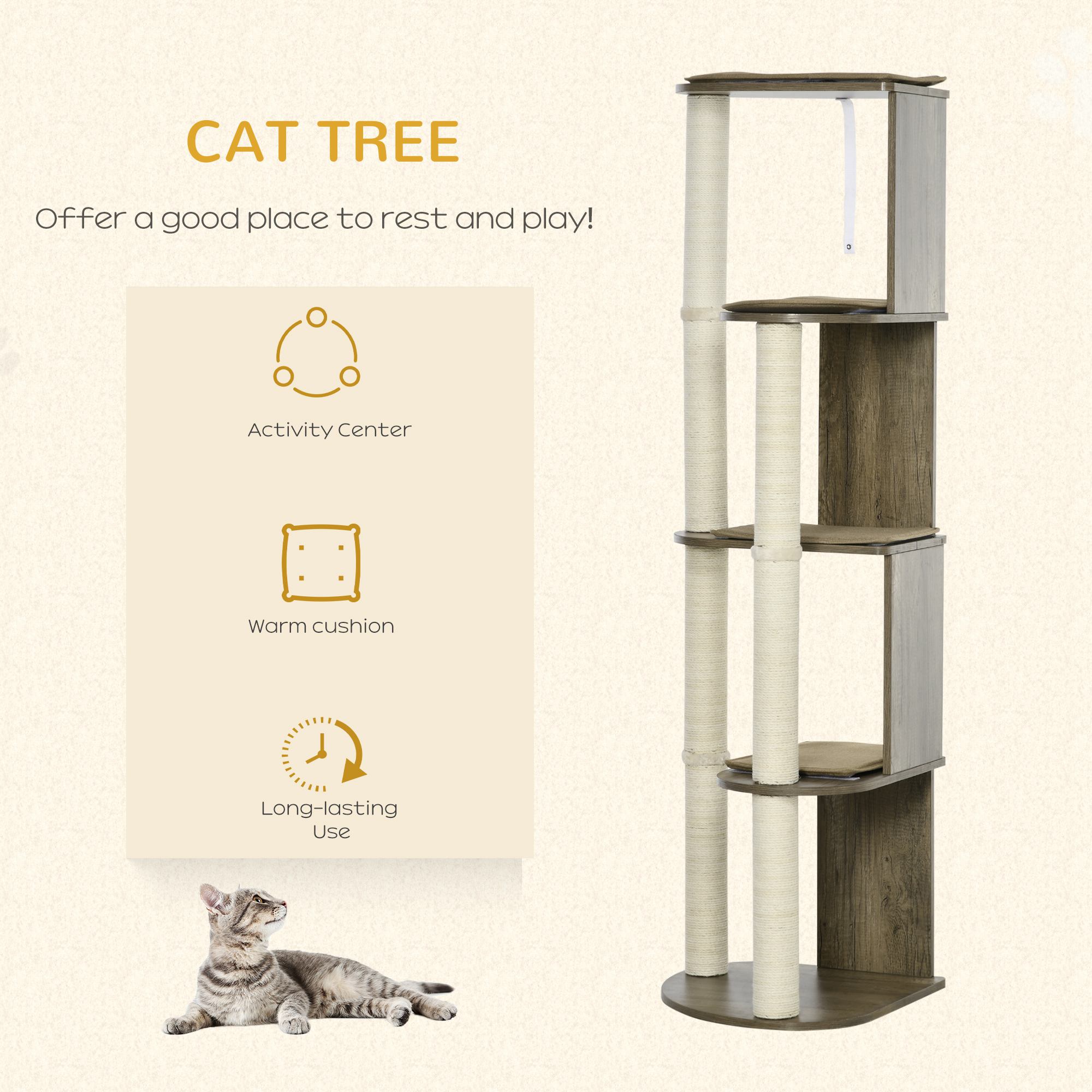 65" Corner Modern Cat Tree Tall For Climbing, Large Multilevel Cat Tower With Scratching Posts, Small-Fit Kitten Tower With Sisal, Cream White_voghion.com