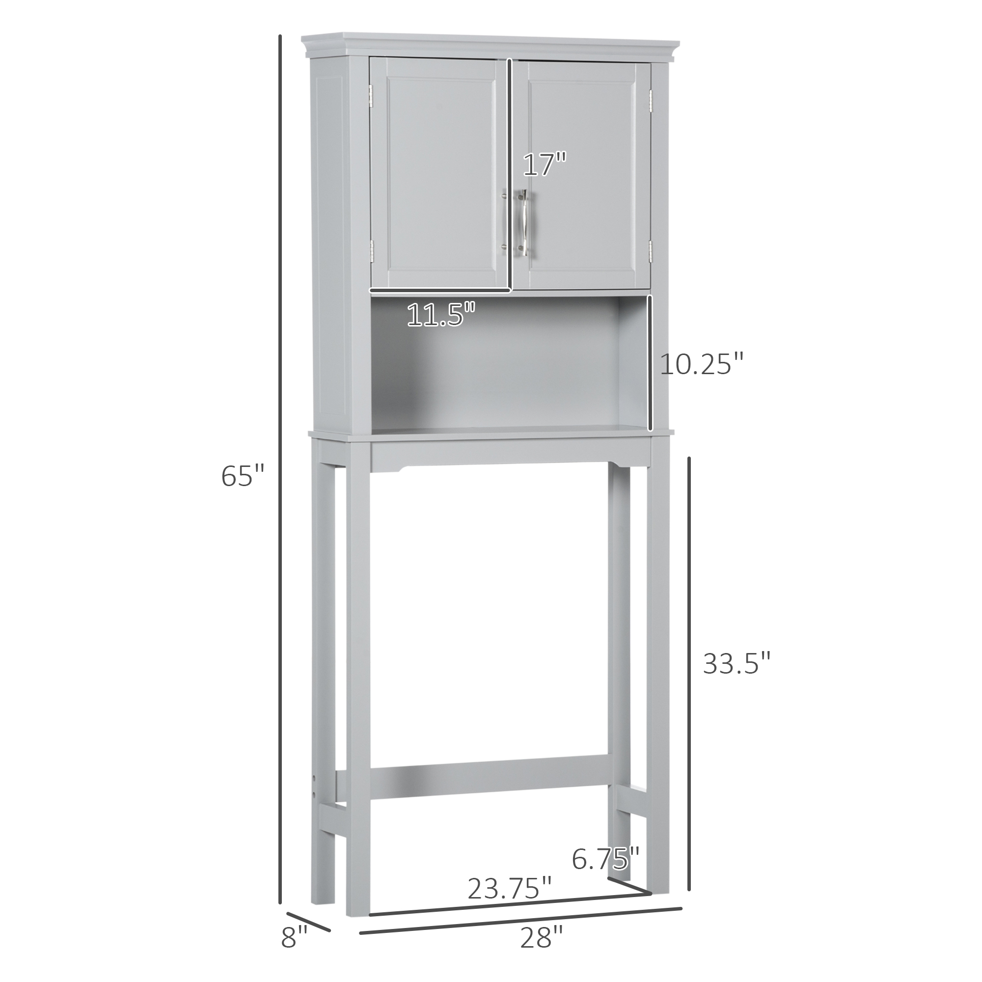 Modern Over The Toilet Storage Cabinet, Double Door Bathroom Organizer With Inner Adjustable Shelf And Open Shelf, Gray_voghion.com