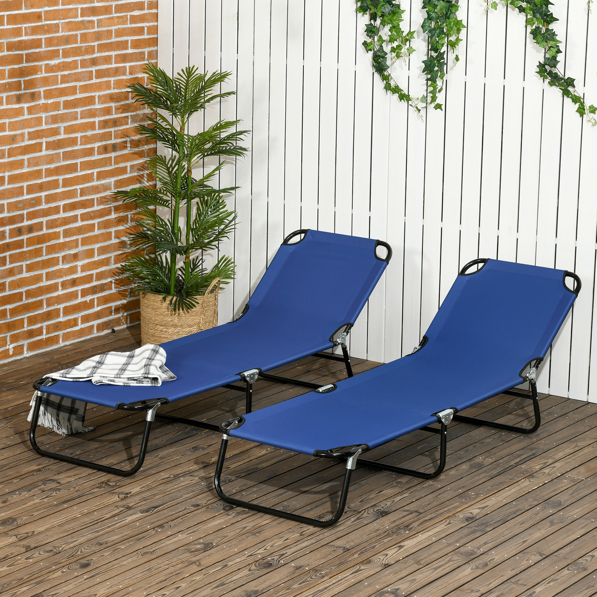 2 Piece Folding Chaise Lounge Pool Chairs, Outdoor Sun Tanning Chairs With 5-Level Reclining Back, Steel Frame For Beach, Yard, Patio, Blue