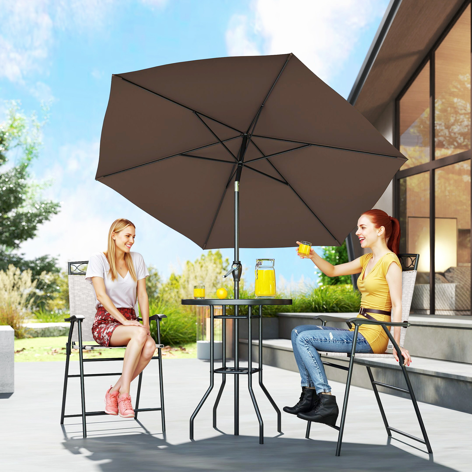 4 Piece Outdoor Bar Set With Umbrella, Patio Dining Set With 2 Folding Chairs, Wave Textured Tempered Glass Table For Backyard, Garden, Deck, Poolside, Beige