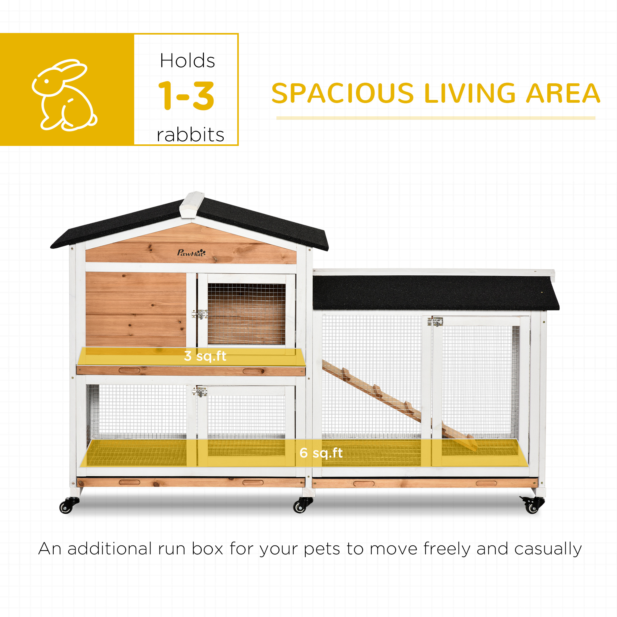 62" Wooden Mobile Rabbit Hutch With Wheels, Run Box, Slide-out Tray, Ramp, Yellow_voghion.com