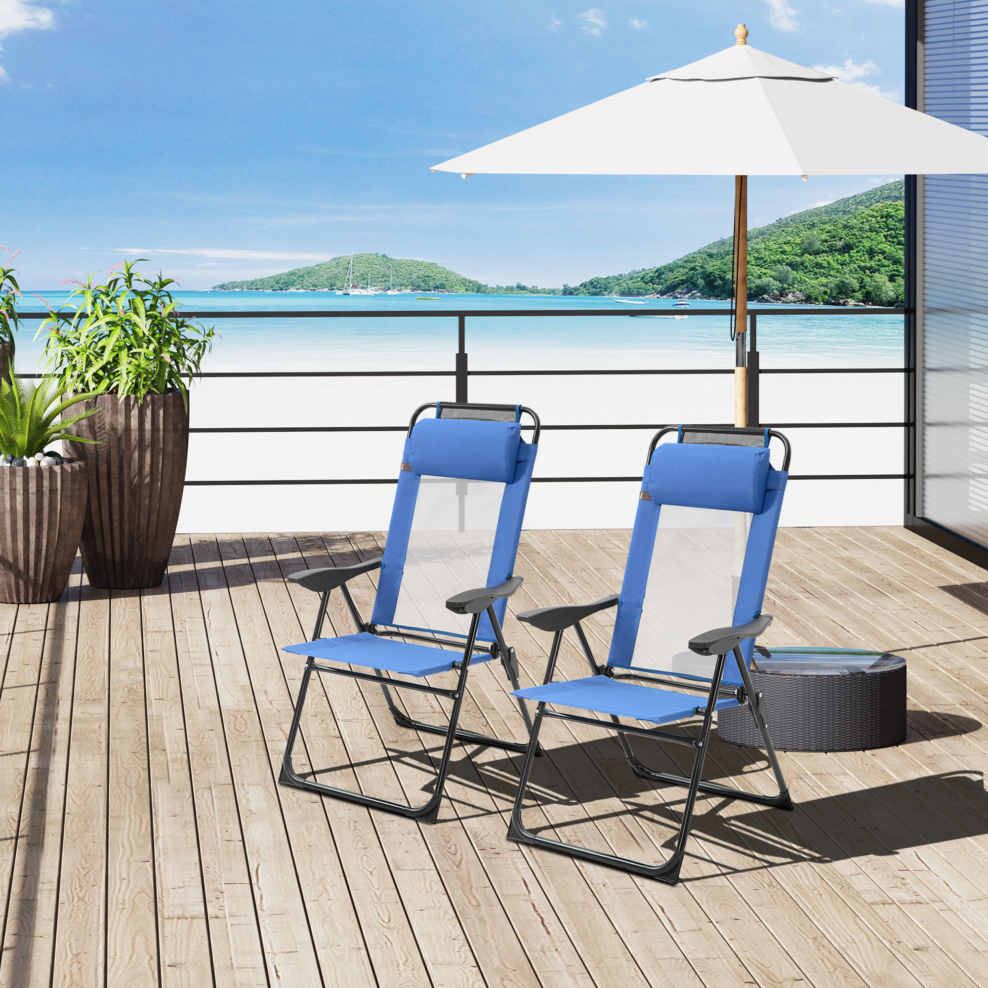 Folding Patio Dining Chairs Set Of 2, Outdoor Deck Chair With Removable Headrest, Camping Chair With Adjustable Sling Back For Garden, Backyard, Lawn, Blue