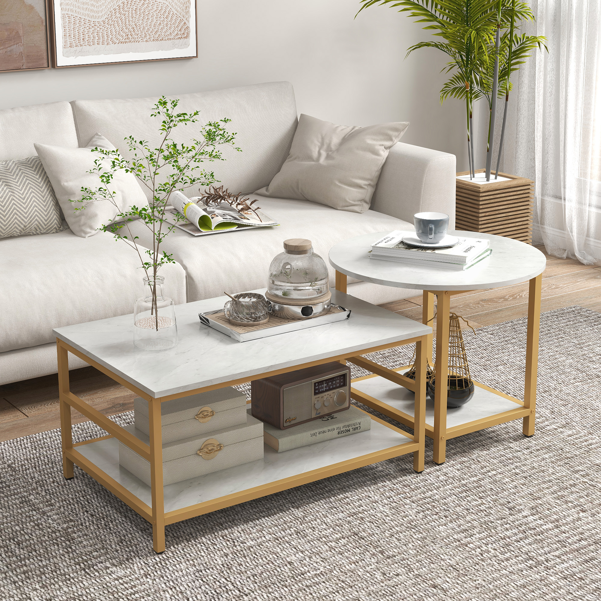 Coffee Tables Set Of 2, Rectangle And Round Coffee Table With Storage Shelves, Marble Top, Living Room Table Set_voghion.com