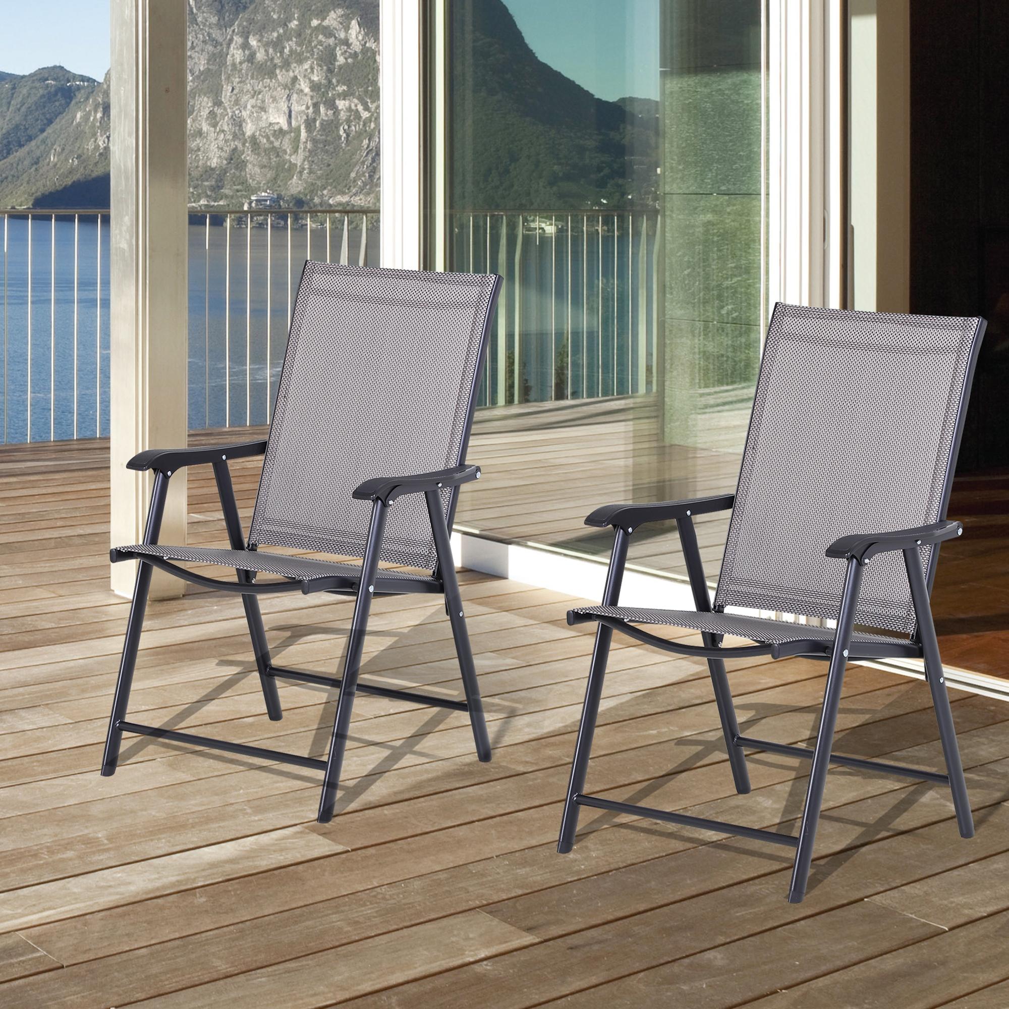 Set Of 2 Outdoor Folding Chairs, Stackable Patio Dining Chairs With Armrests, Metal Frame, Gray