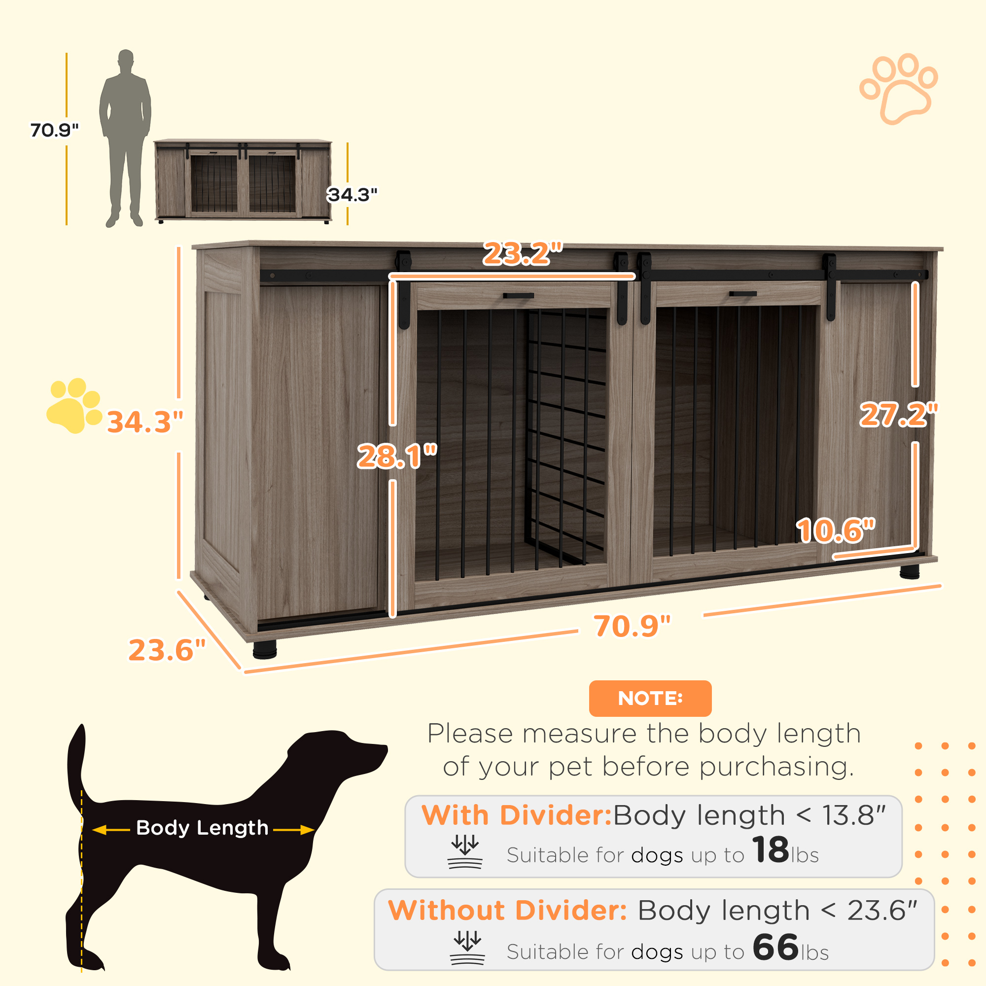 71″ Modern Dog Kennel Furniture With Removable Divider, Storage For 2 Small Dogs