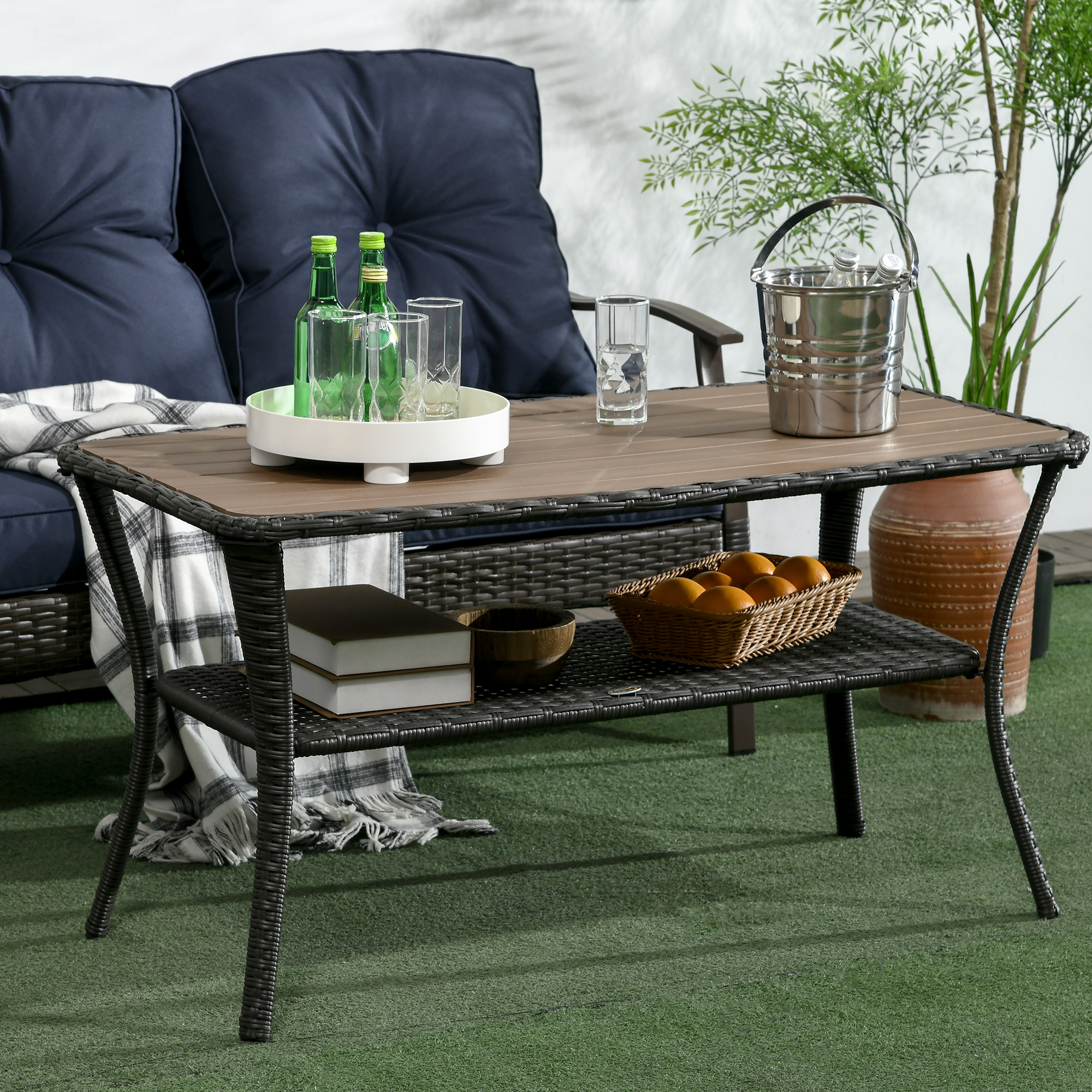 Outdoor Patio Wicker Coffee Table With Storage Shelf And Wpc Top_voghion.com
