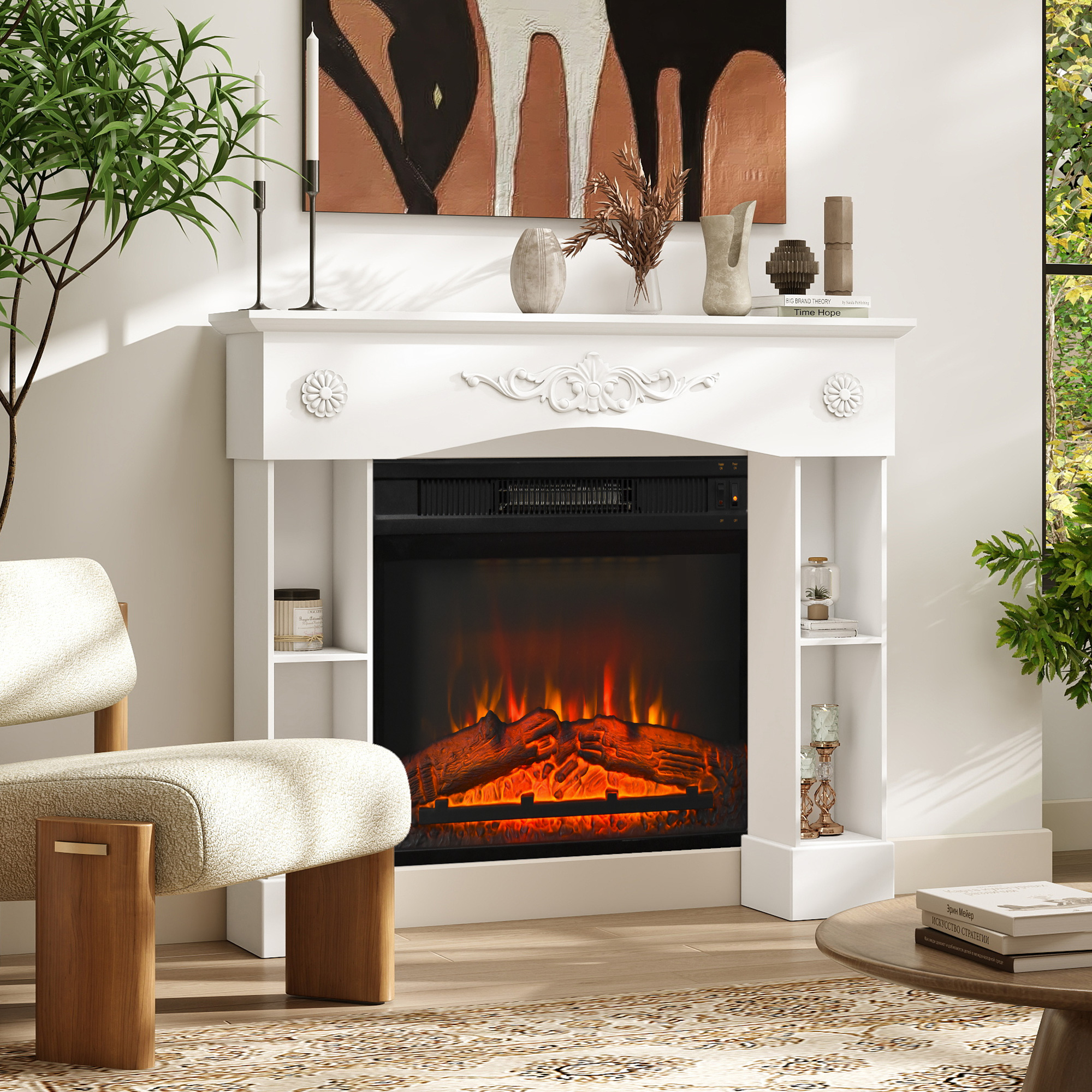 Baroque Fireplace Mantel, Freestanding Fireplace Surround With Leg For Electric Fireplaces, 45.3" W X 39.4" H, White - Image 1