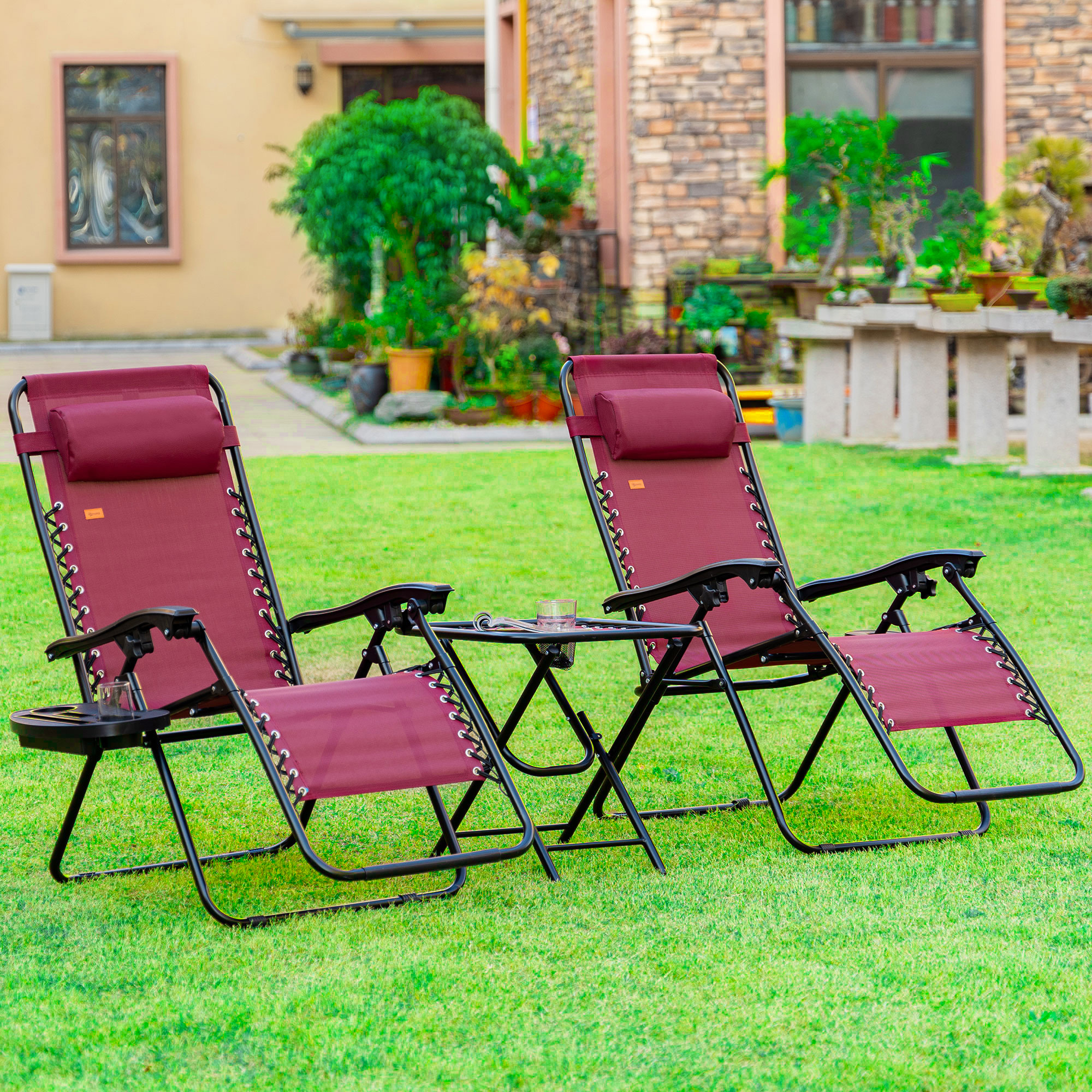 Zero Gravity Chair Set With Side Table, Folding Reclining Chair With Cupholders & Pillows, Adjustable Lounge Chairs For Pool, Backyard, Lawn, Beach, Wine Red