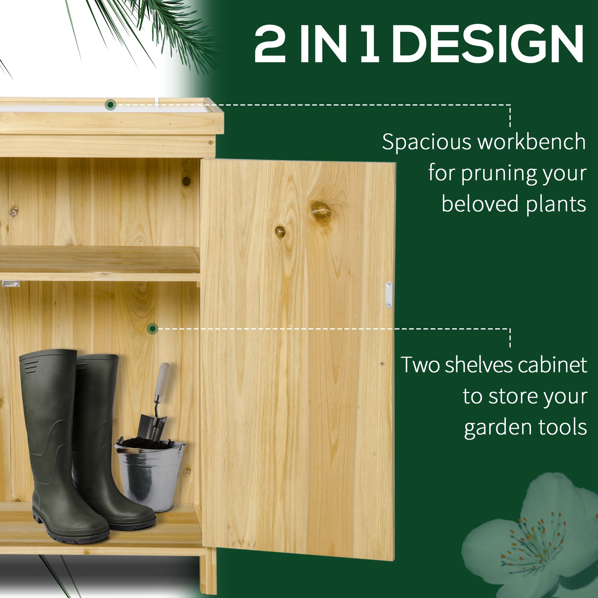 Garden Storage Cabinet, Outdoor Tool Shed With Galvanized Top And Two Shelves For Yard Tools Or Pool Accessories, Natural