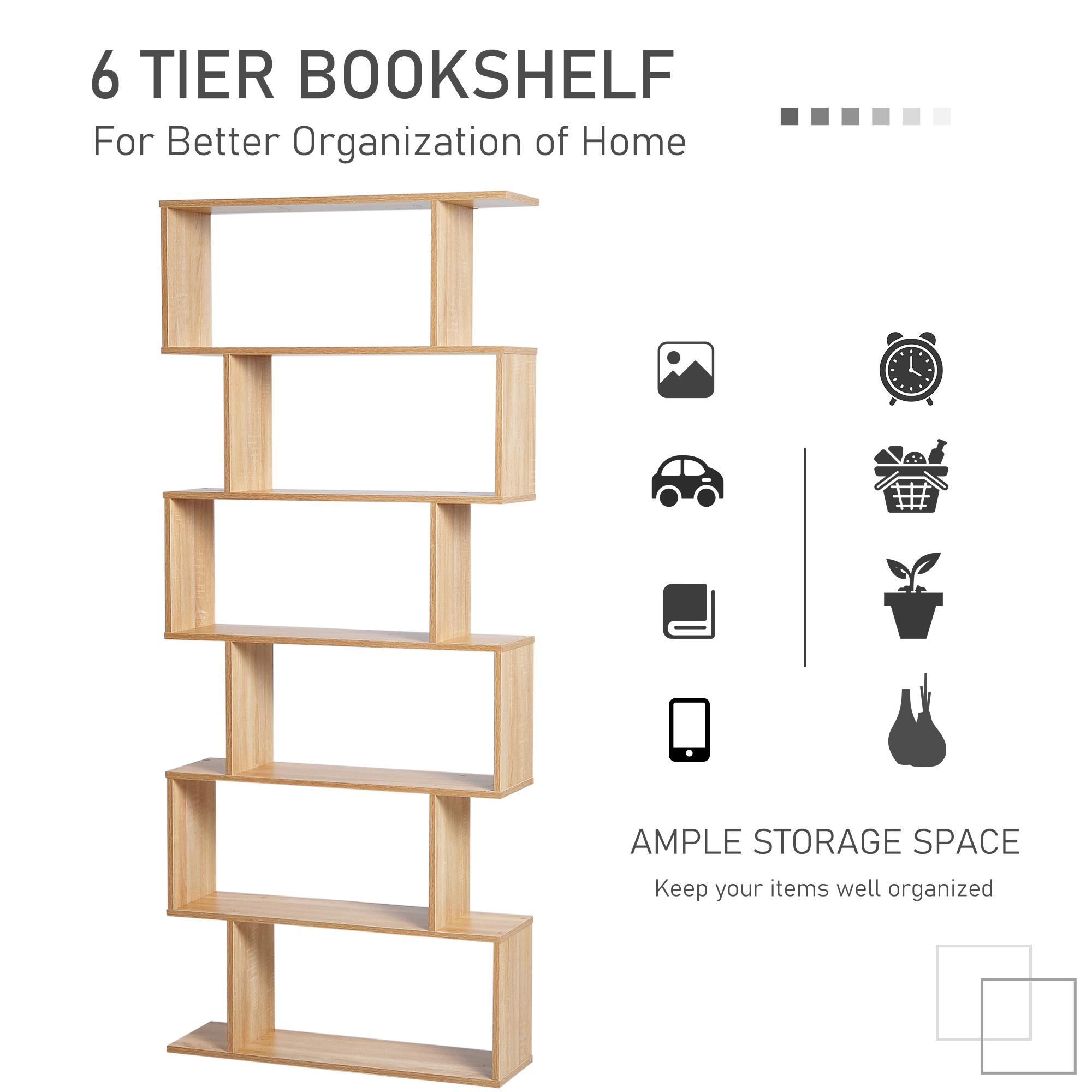 75.5" H Bookcase 6 Shelf S-Shaped Bookshelf Wooden Storage Display Stand Shelf Organizer Free Standing, Oak