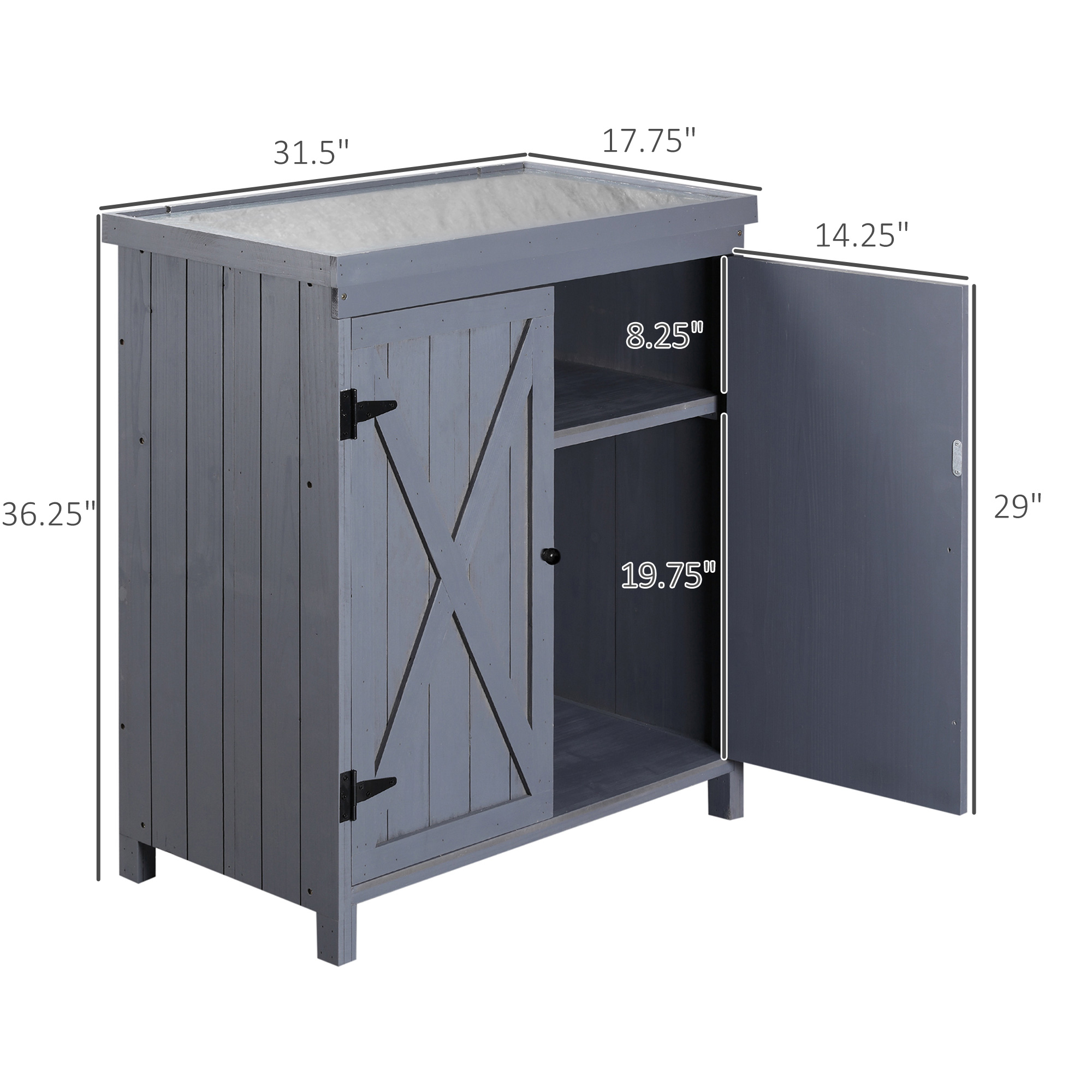Outdoor Storage Cabinet, Outdoor Tool Shed With Galvanized Top And Two Shelves For Yard Tools Or Pool Accessories, Gray