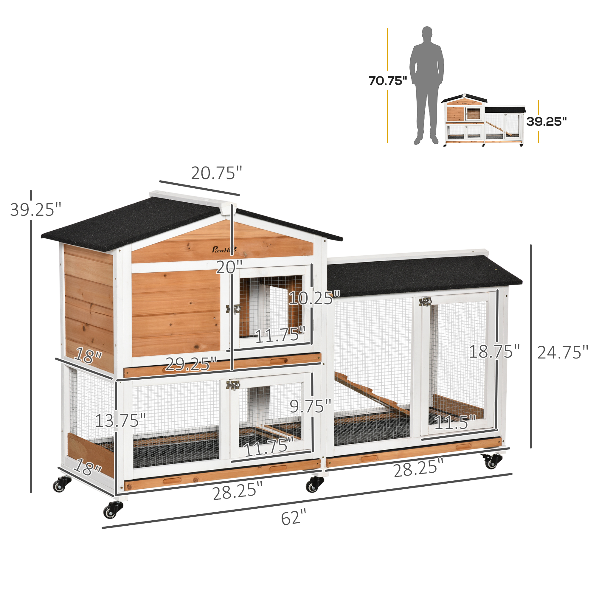 62" Wooden Mobile Rabbit Hutch With Wheels, Run Box, Slide-out Tray, Ramp, Yellow_voghion.com